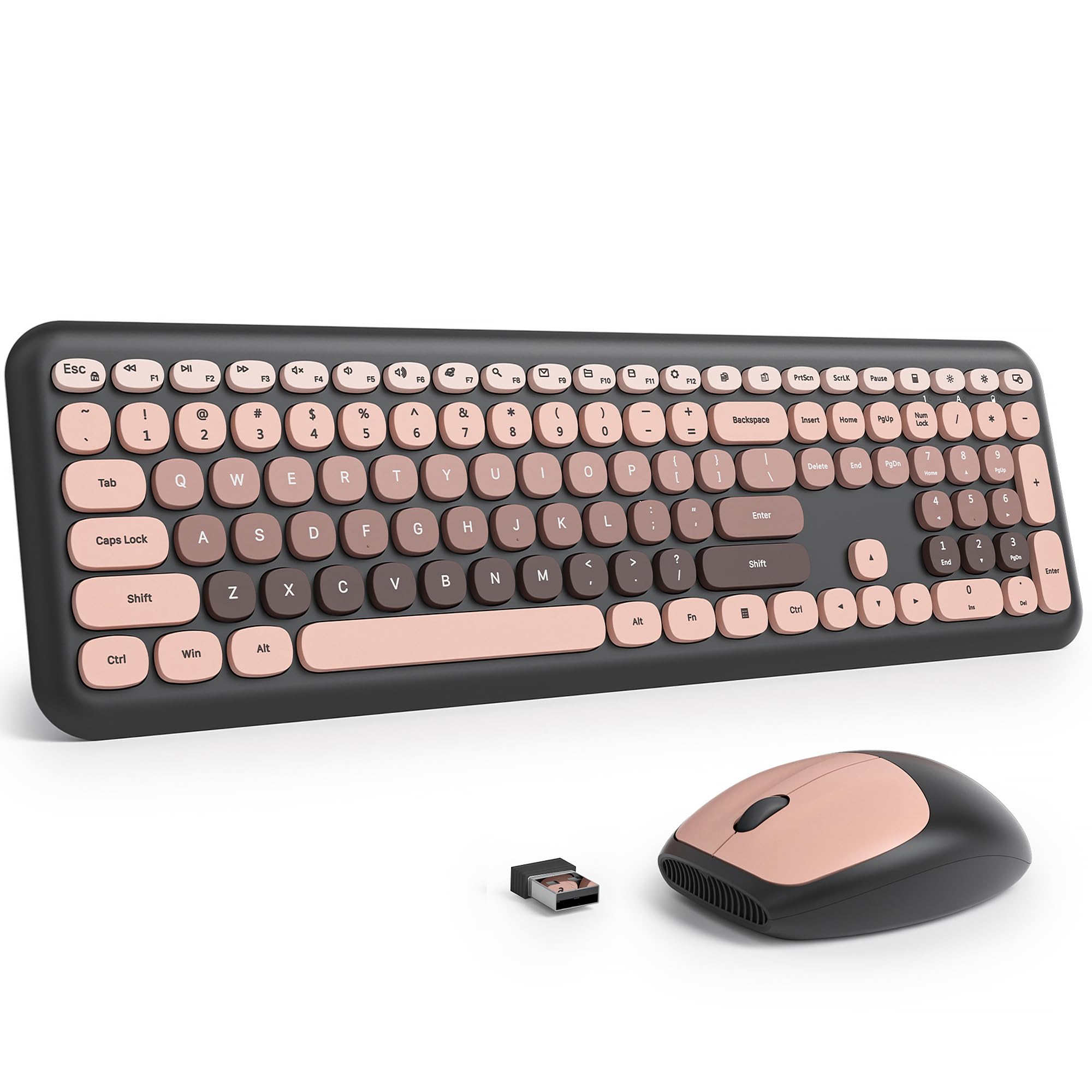 Fogruaden Quiet Pink Wireless Keyboard and Mouse, 2.4GHz Retro Cute TypewriterStyle FullSize Colorful Keyboard and Mouse Combo