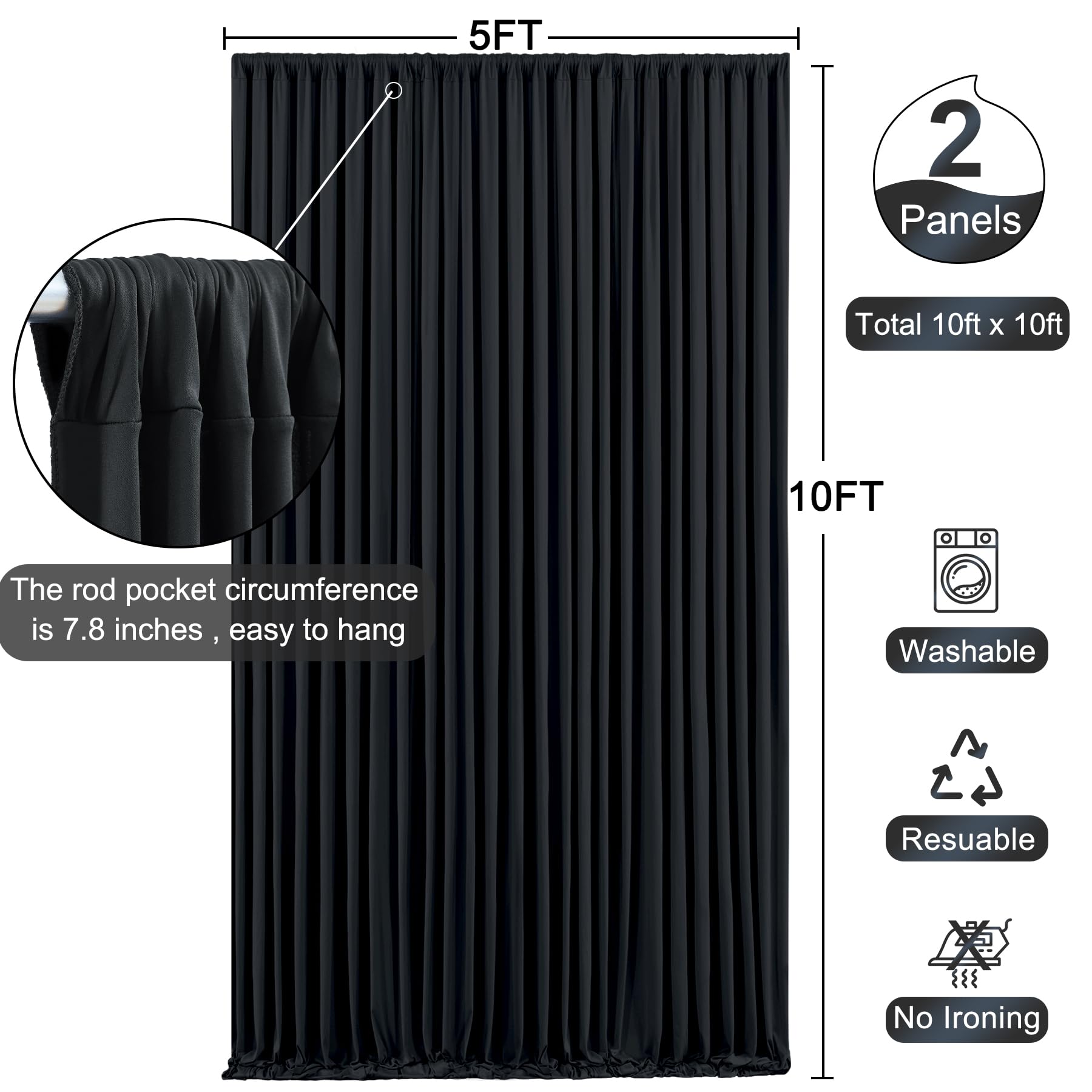 10Ft X 10Ft Black Backdrop Curtains Panels For Parties Birthday Party Wrinkle Free Fabric Backdrop Drapes Decorations Cloth For
