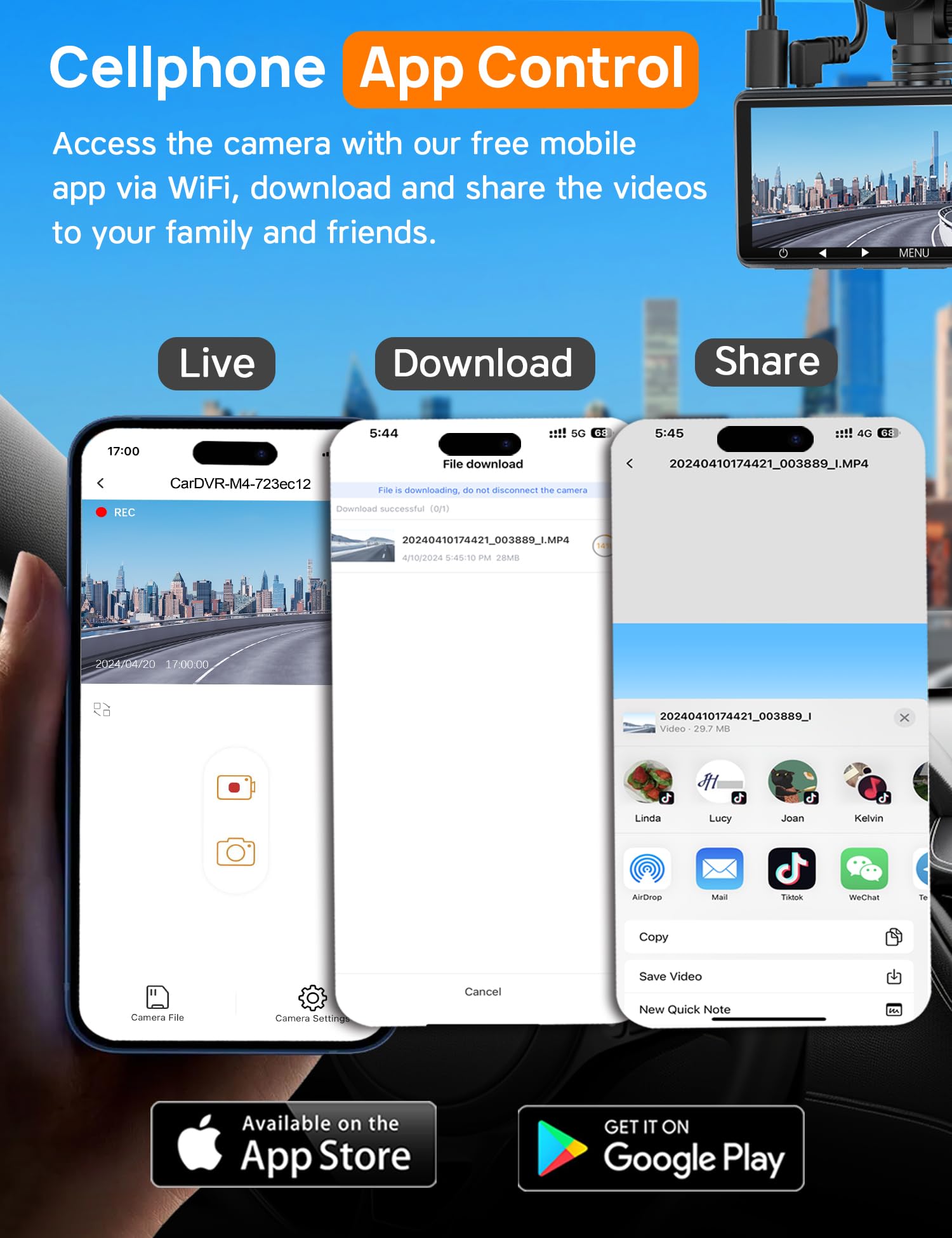 Icesky 3 Channel Wifi Dash Cam With 64Gb Card, 4K+1080P Dash Cam Front And Rear, 4K+1080P Front Inside Car Camera, 2.5K+1080P+10