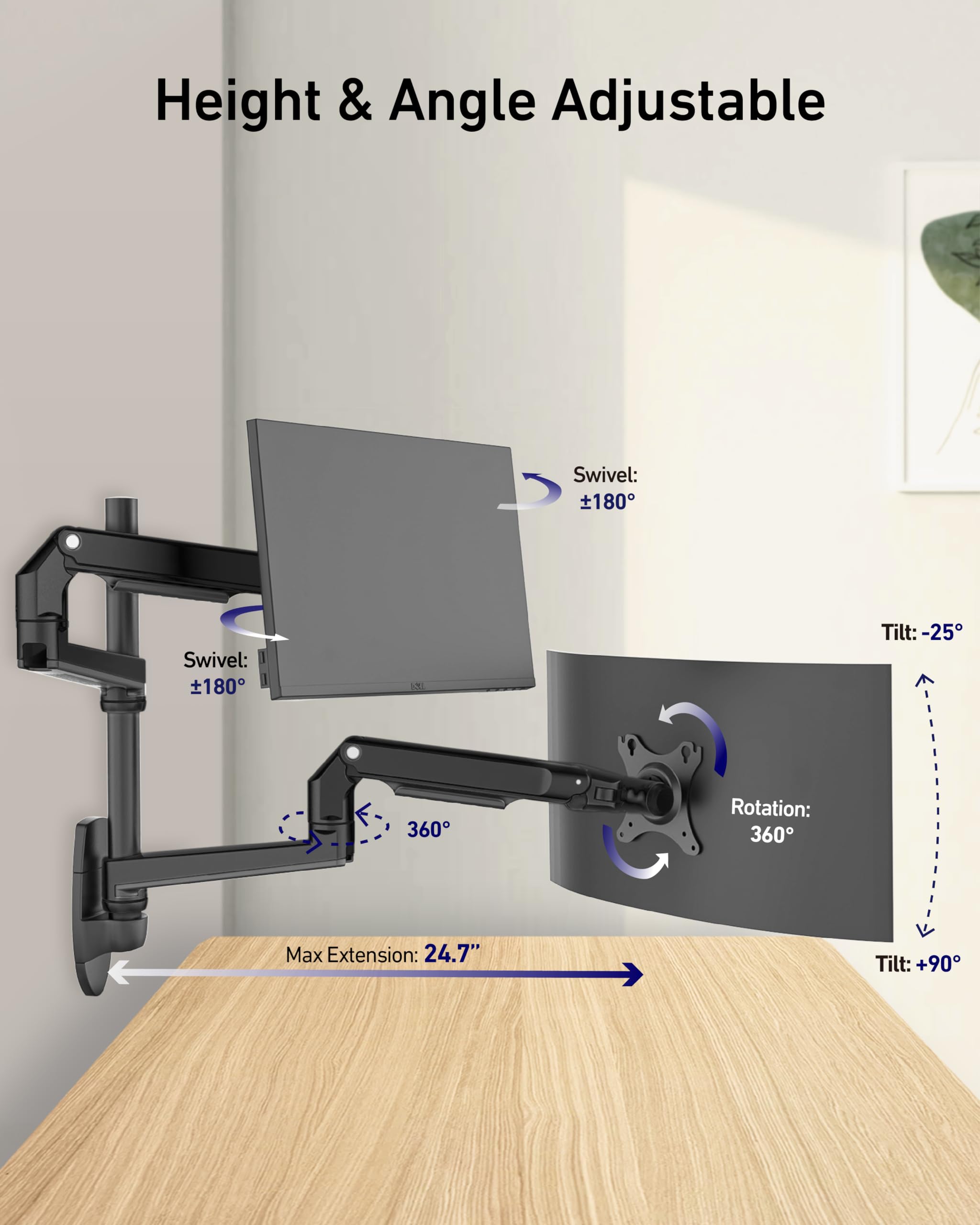 Ergounion Dual Monitor Wall Mount For Flat/Curved Monitor Up To 38'' Within 25Lbs, Full Motion Adjustable Computer Monitor Wall