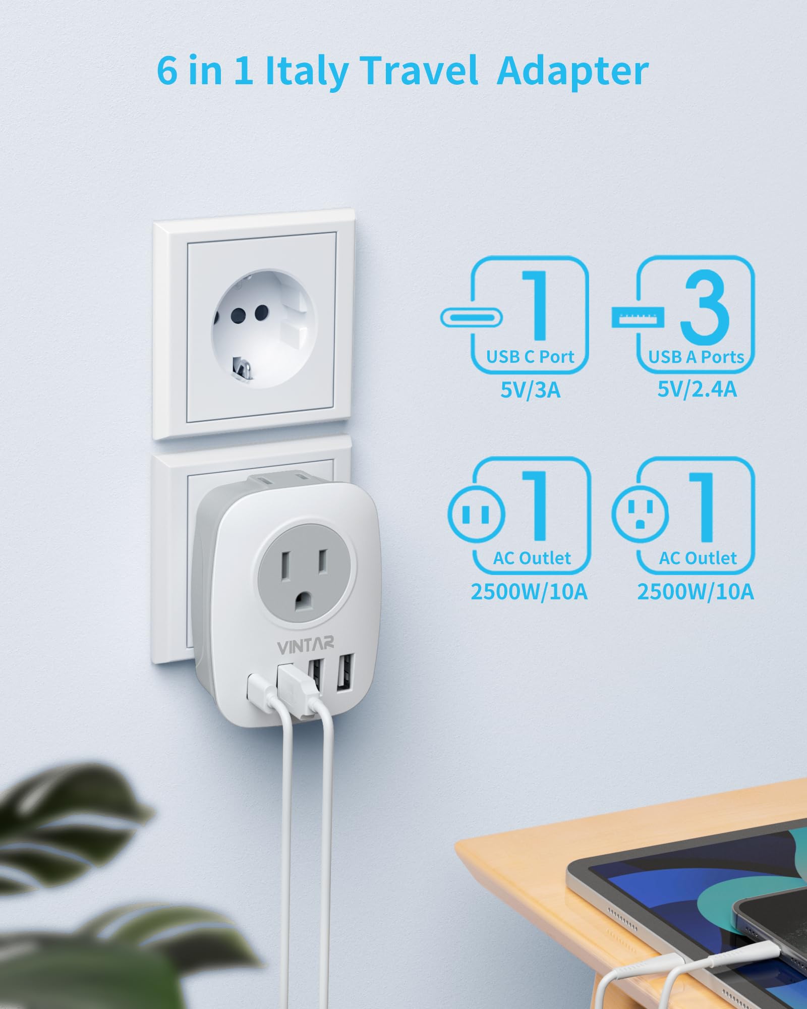 Italy Travel Plug Adapter, Vintar Us To Italy Power Adapter With 2 American Outlets, 3 Usb And 1 Usb C Ports, 6 In 1 Type L Plug