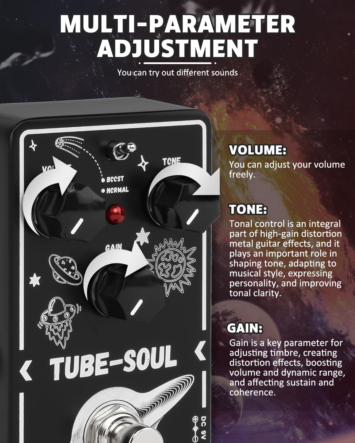 Strich Tube Soul Tube Overdrive Distortion Pedal For Electric Guitar, Compact Mini Single Unit, True Bypass, 3 Control Knobs, Vo