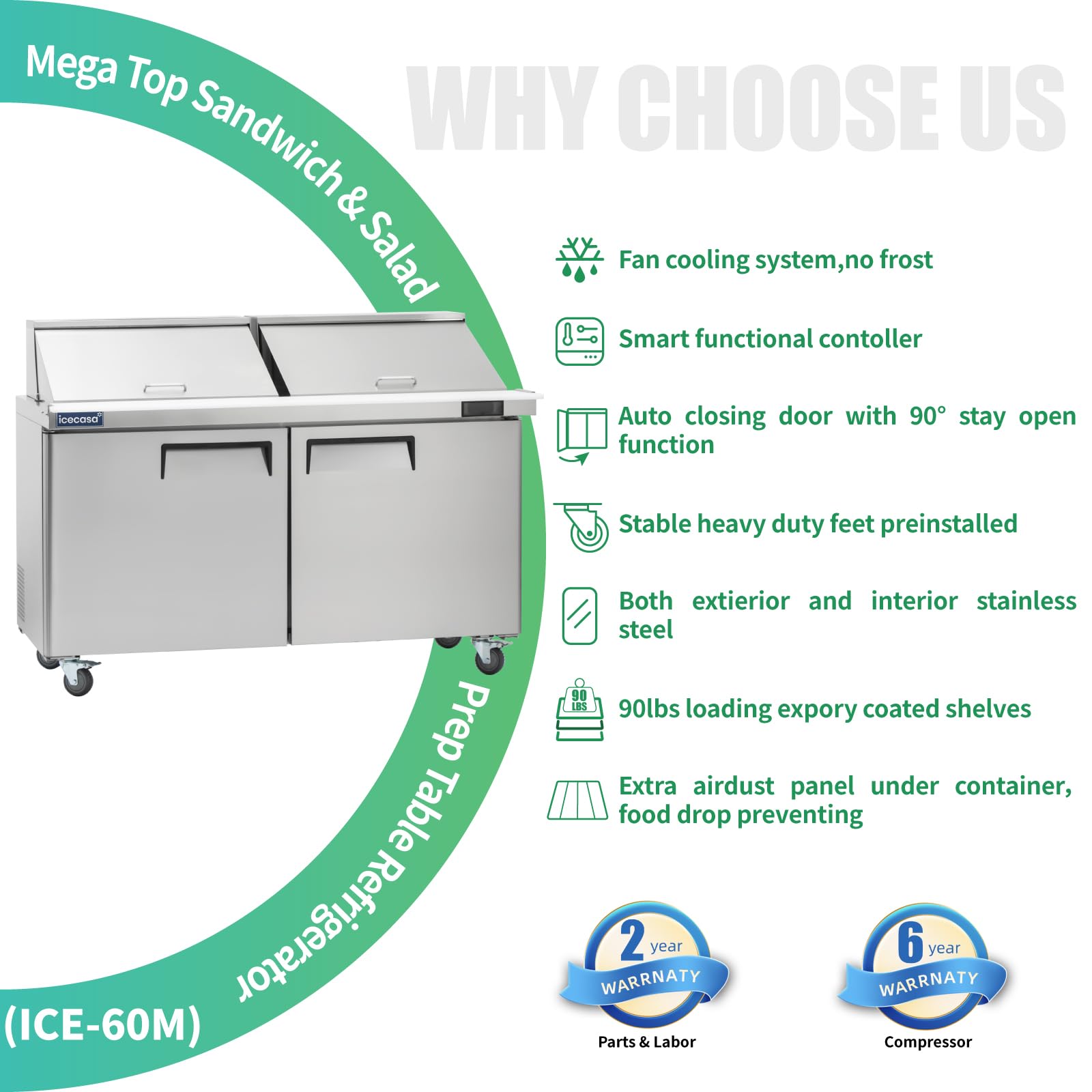 Icecasa 60'' W Commercial Refrigerator Sandwich&Salad Prep Table Mega Top 2 Door Stainless Steel Counter Fan Cooling Refrigerato