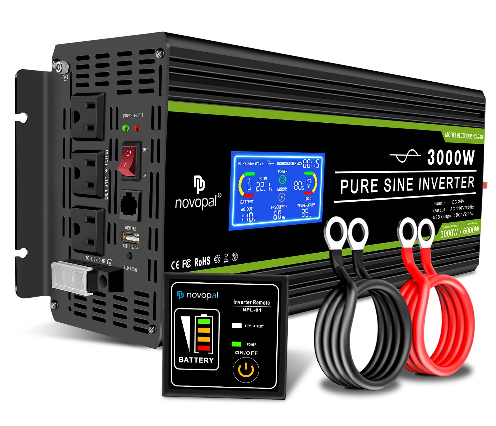 NOVOPAL 3000 Watt Pure Sine Wave Power Inverter 24V to 110V 120V Rv Inverters with 3 AC Outlets,High Power AC Terminal-16 ft Rem