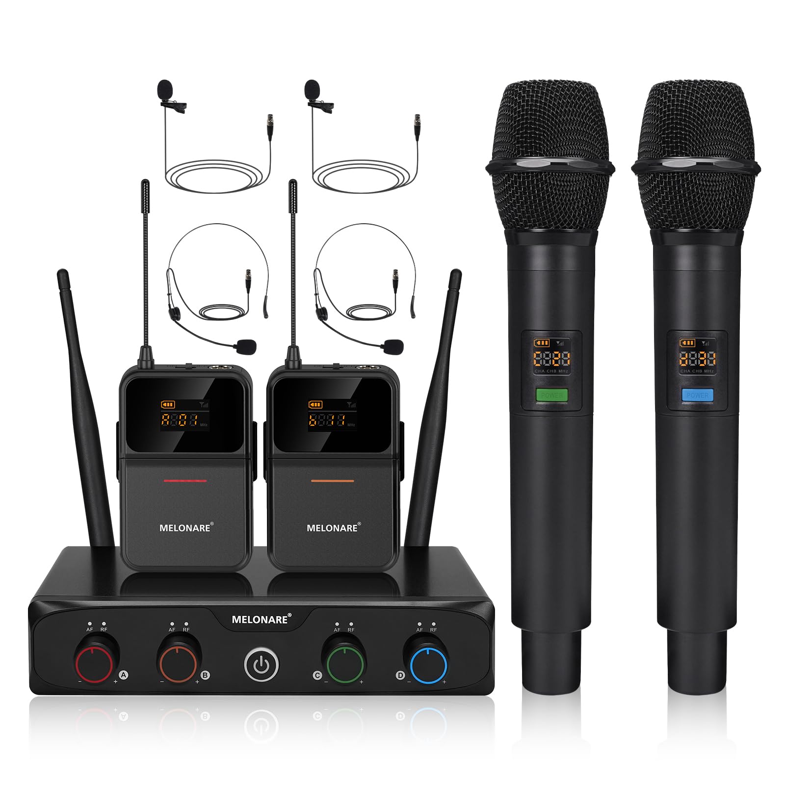 MELONARE 4-Channel Wireless Microphone System,UHF Cordless Mic Set w/ 4x10 Frequencies, 200ft, 2 Handheld Dynamic Mics, 2 Bodypa