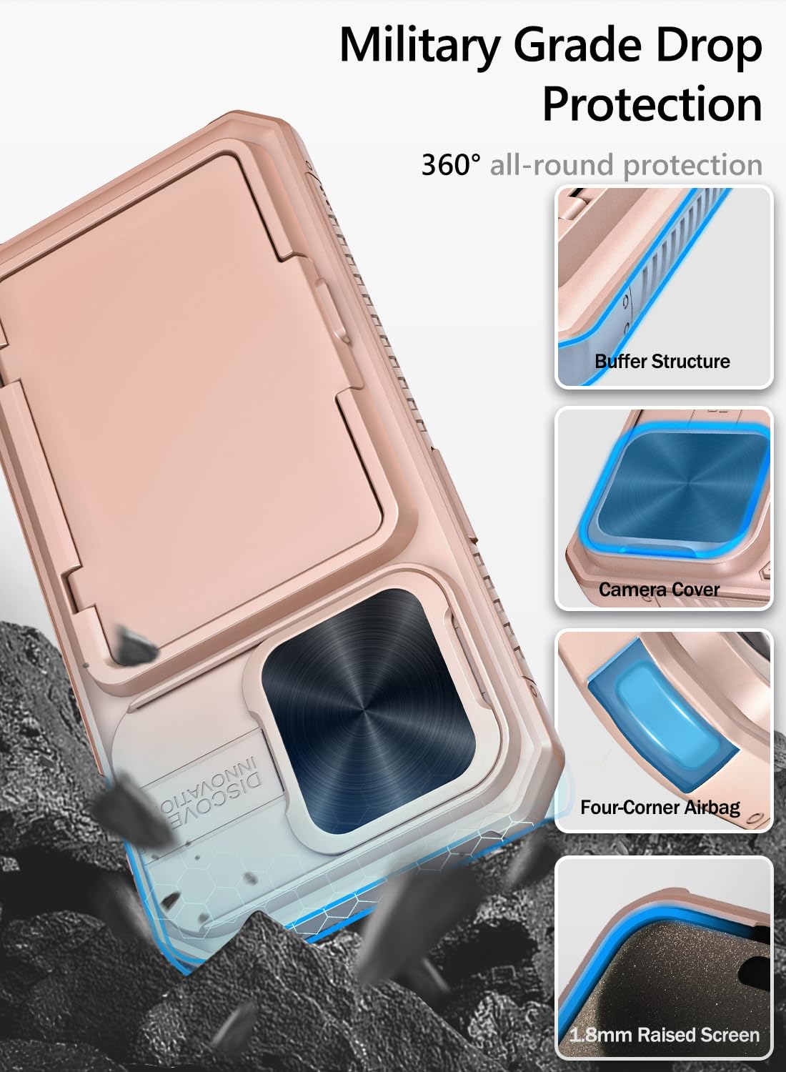 Vihibii For Iphone 15 Pro Case Wallet With Slide Camera Cover, Built In Card Holder (4 Cards) & Kickstand, Heavy Duty Shockproof