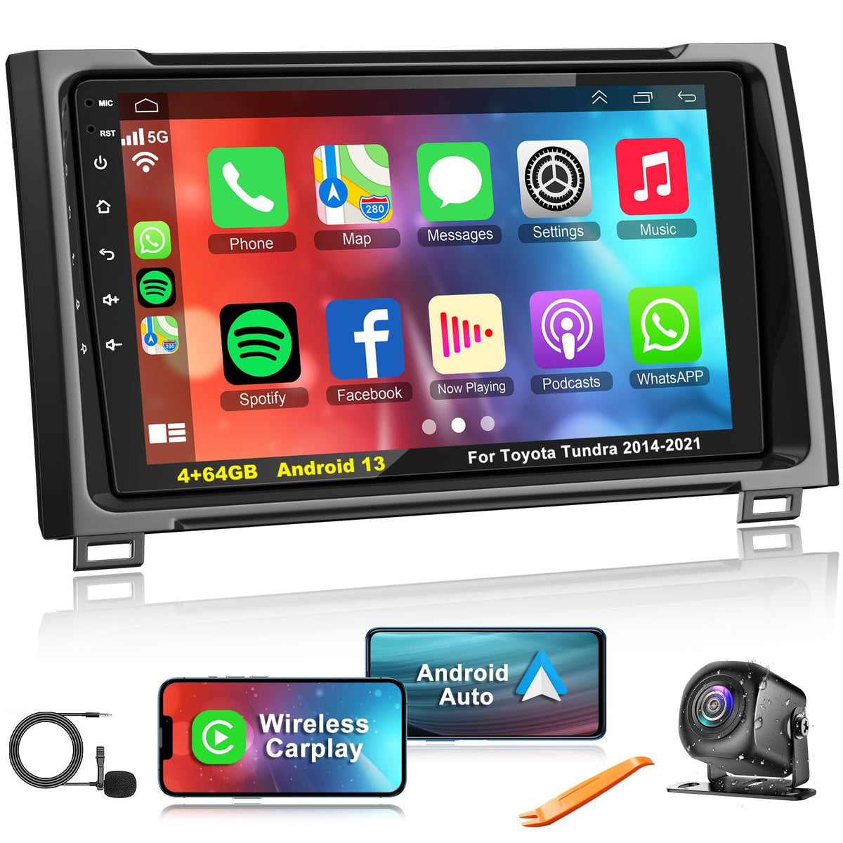 Upgrade 4G+64Gb Car Radio For Toyota Tundra 2014-2021 With Wireless Carplay & Android Auto, Android 13 Tundra Stereo With Voice 