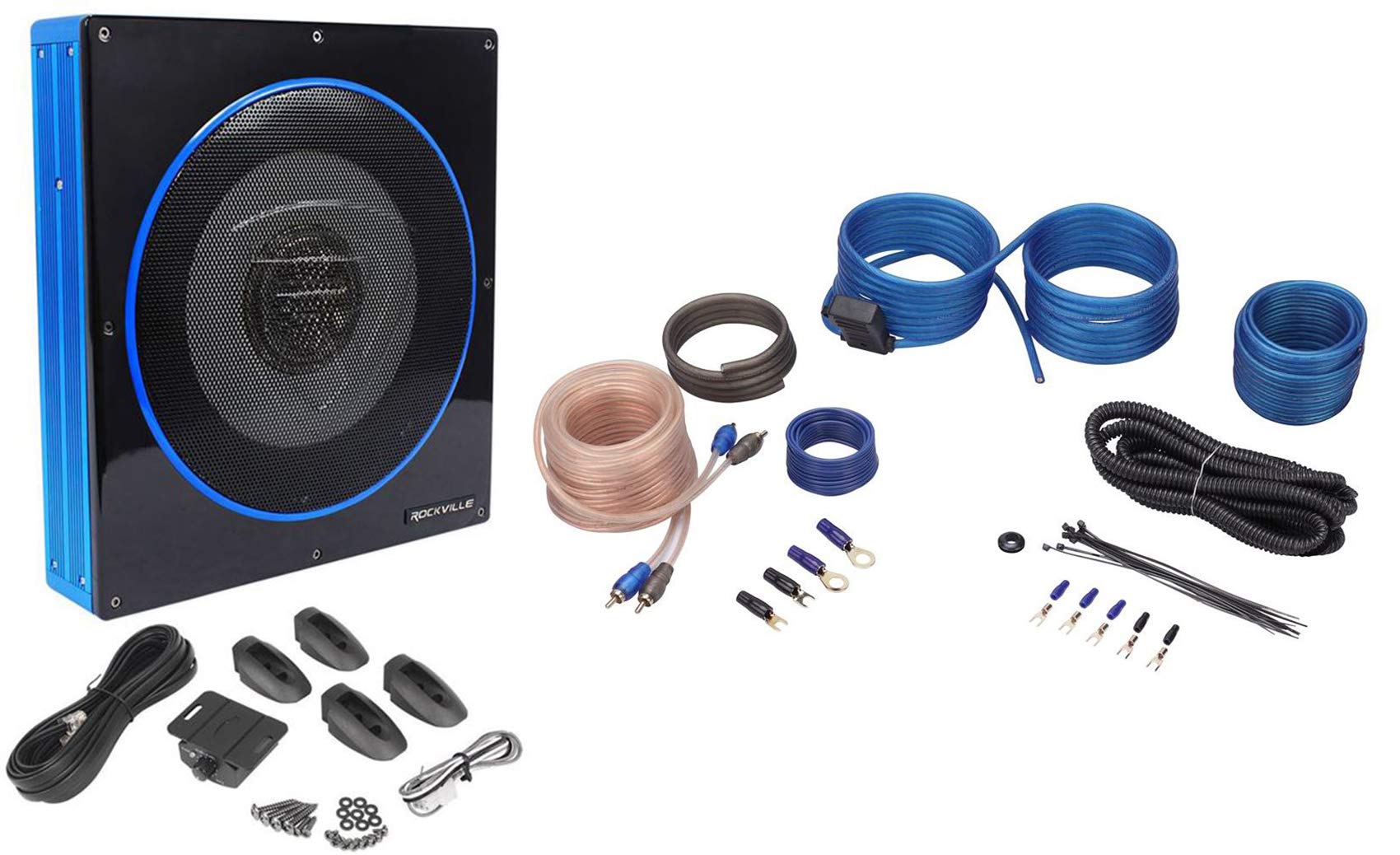 Rockville RW10CA 10 800 Watt UnderSeat Slim Amplified Car Subwoofer +Wire Kit
