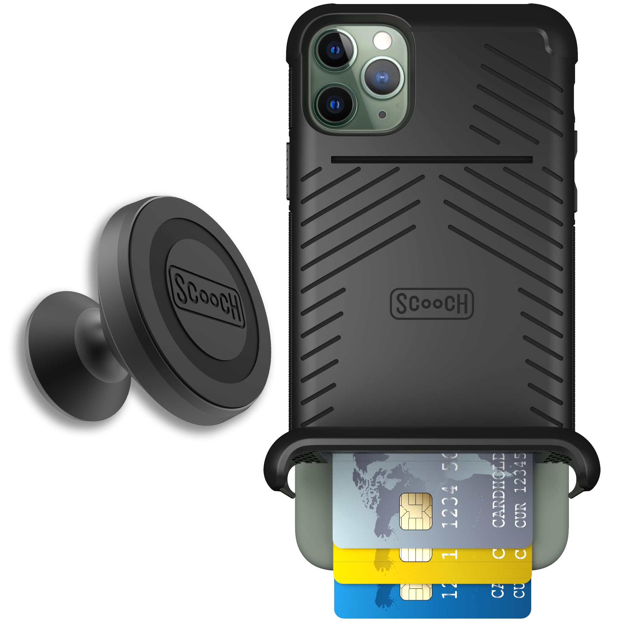 Scooch for iPhone 11 Pro Max Case with Card Holder, Wingmate Wallet Case Black, Bundled with Wingmount Magnetic Car Mount