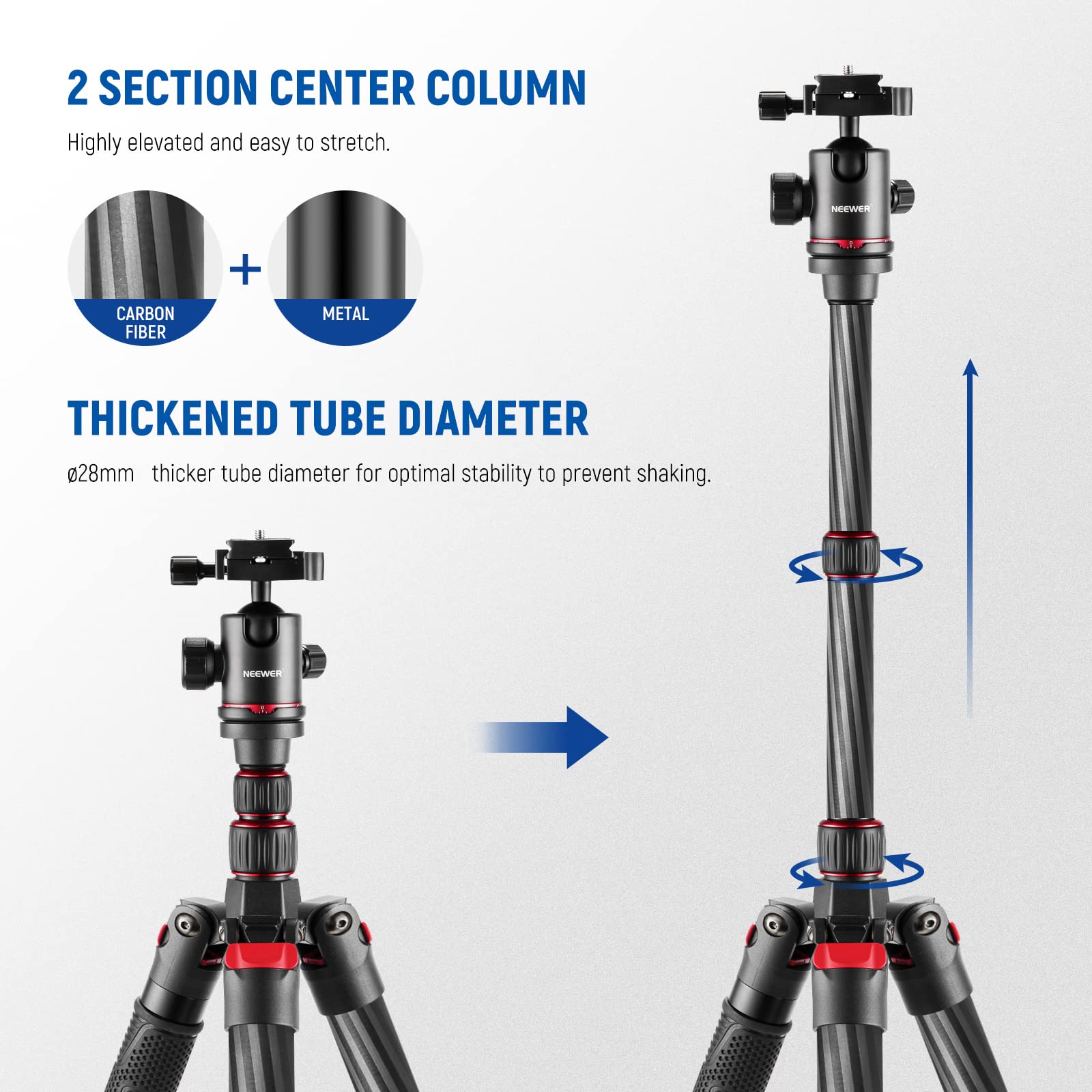 Neewer Upgraded 80.7'' Carbon Fiber Camera Tripod Monopod With Telescopic 2 Section Center Axes, 360 Panorama Ballhead, 1/4'' Ar