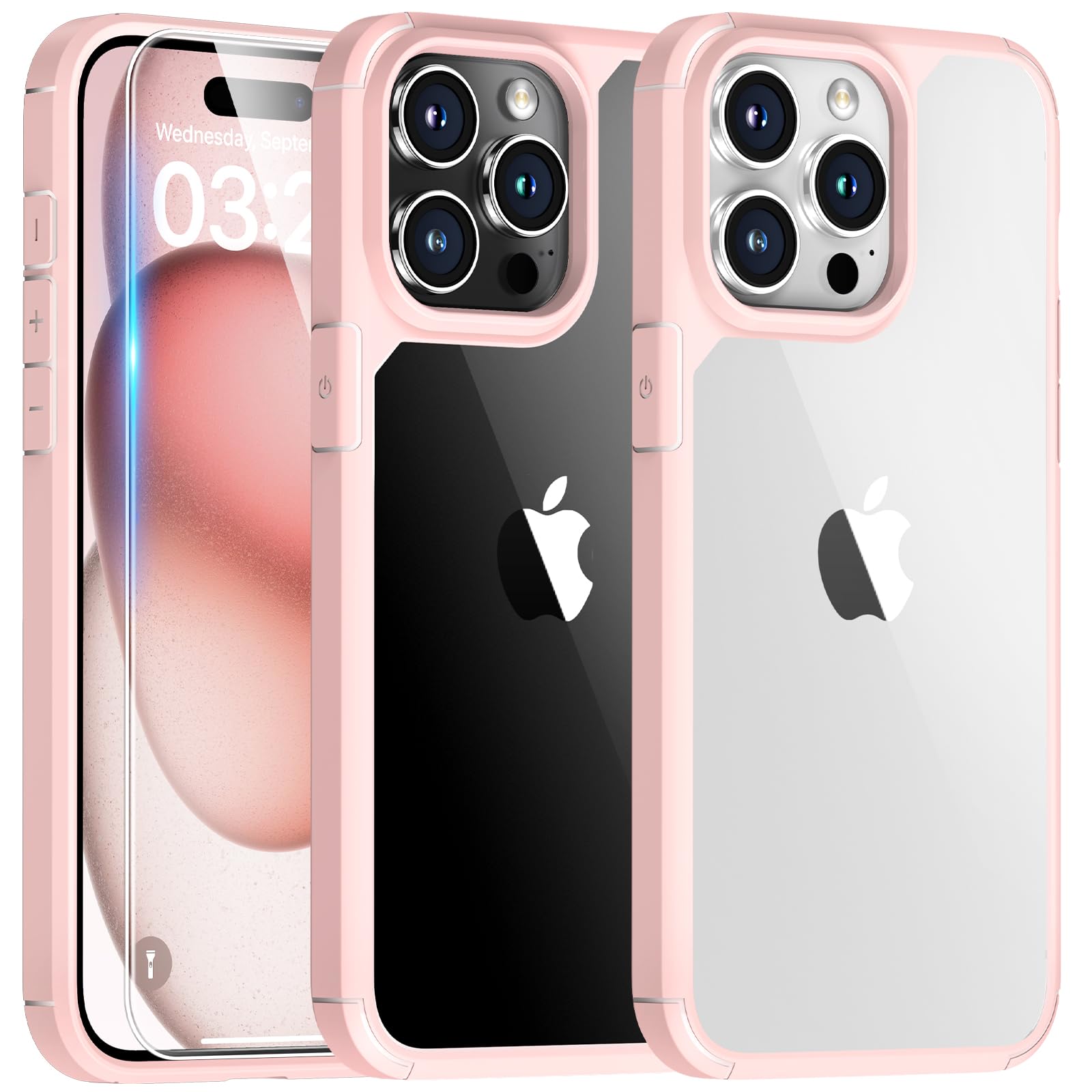 Tauri 3 In 1 For Iphone 15 Pro Case Pink, [Not Yellowing] With 2X Screen Protector [Military Grade Drop Protection] Slim Shockpr