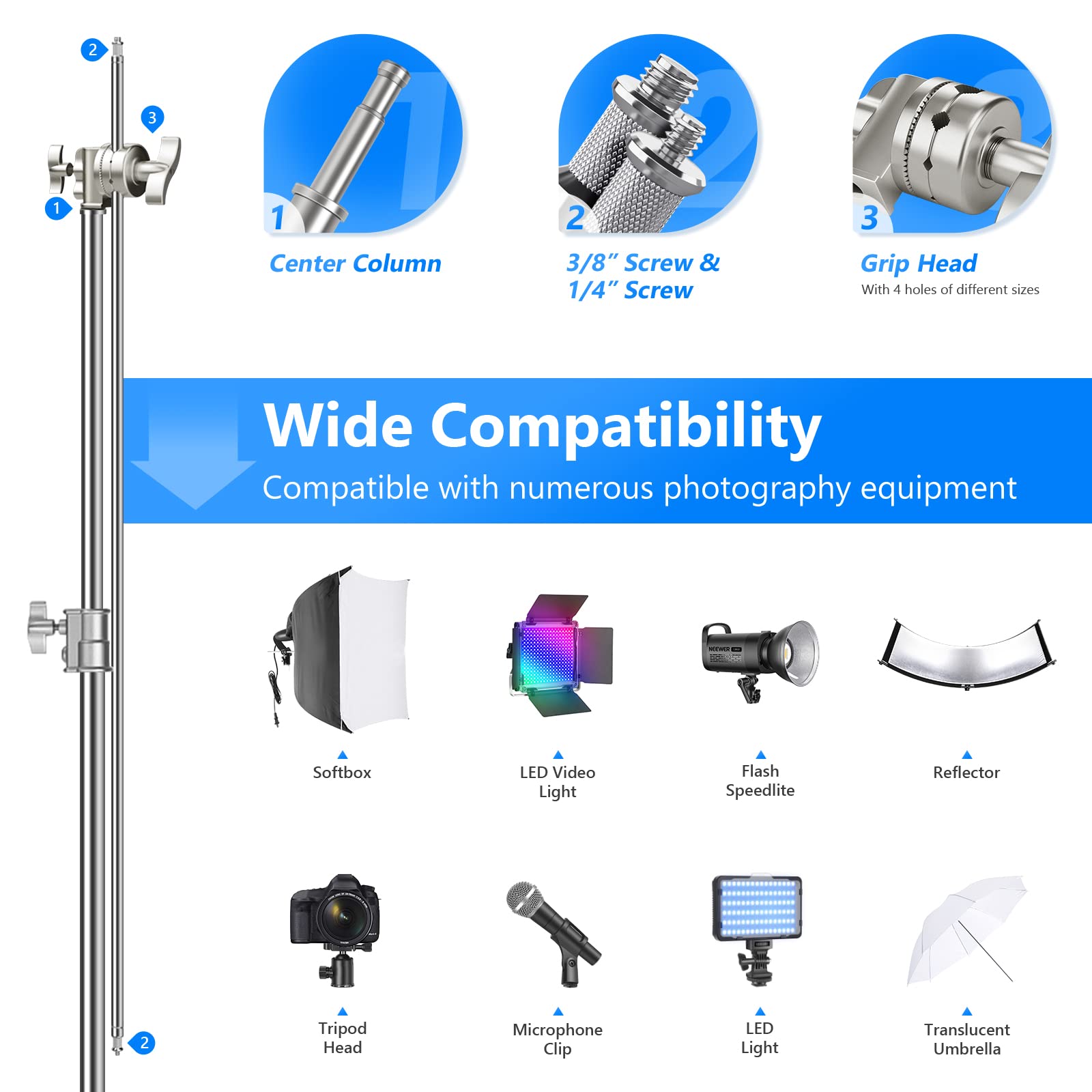 Neewer Pro 100% Stainless Steel Heavy Duty C Stand With Boom Arm, Max Height 10.5Ft/320Cm Photography Light Stand With 4.2Ft/128