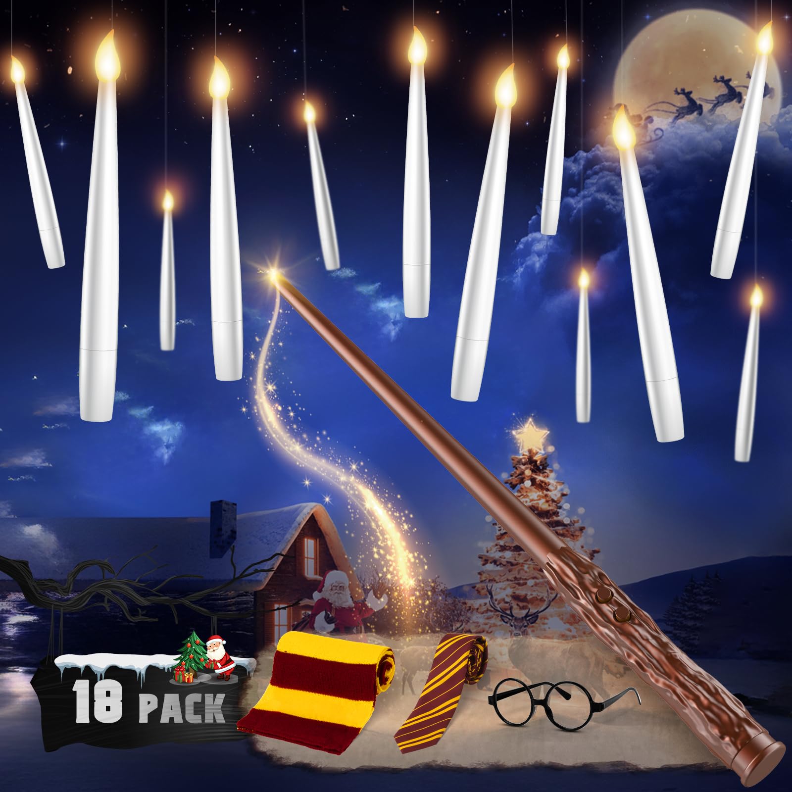 Floating Candles With Wand   18 Pack Christmas Decorations Magic Flameless Candles Flickering Light Hanging Candle Remote With G
