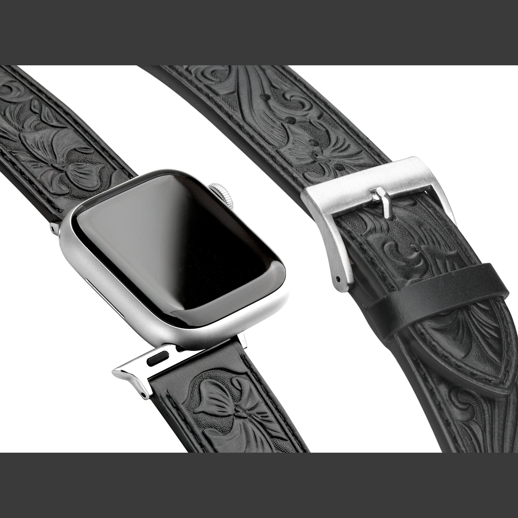 Falandi For Apple Watch Band Leather Black 46Mm 45Mm 44Mm, Western Retro Leather Classical Replacement Smart Watch Band For Iwat