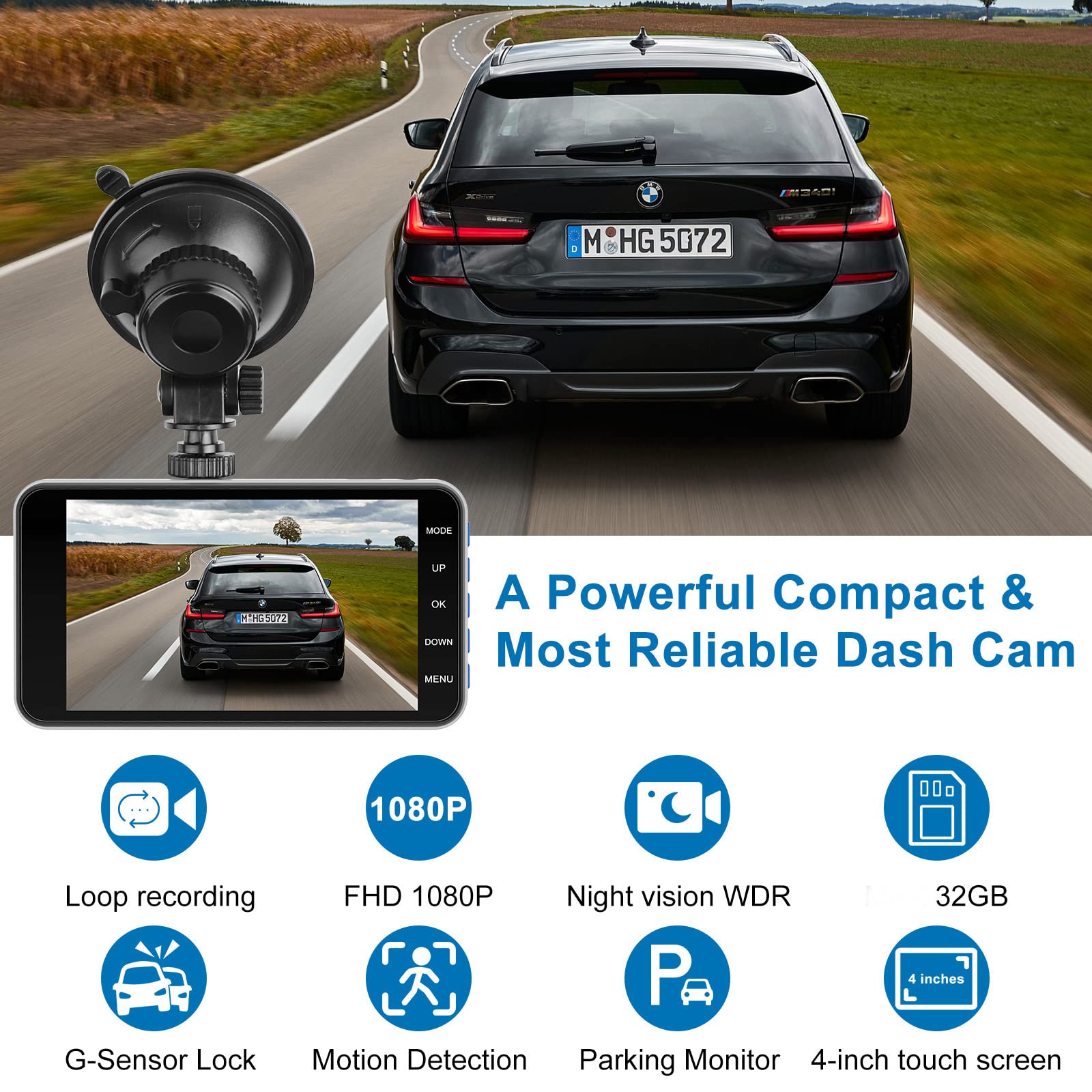 Avokadol Dash Cam Front And Rear,Dual Car Camera With 32G Sd Card 4''Ips Touch Screen,1080P Dashboard Camera For Cars & Trucks,W