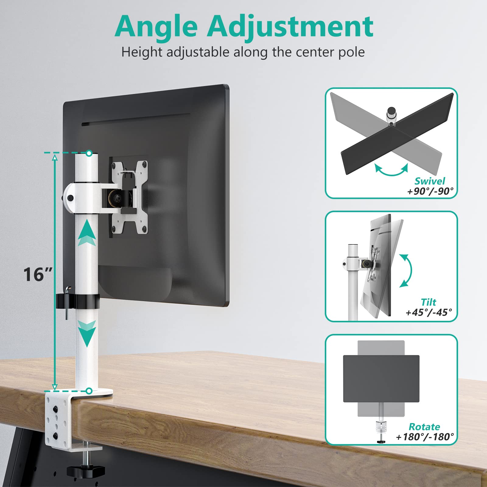 WALI Single Monitor Mount for 1 Computer Screen up to 32 inch, Fully Adjustable Monitor Arm Holds up to 22 lbs (M001S W), White