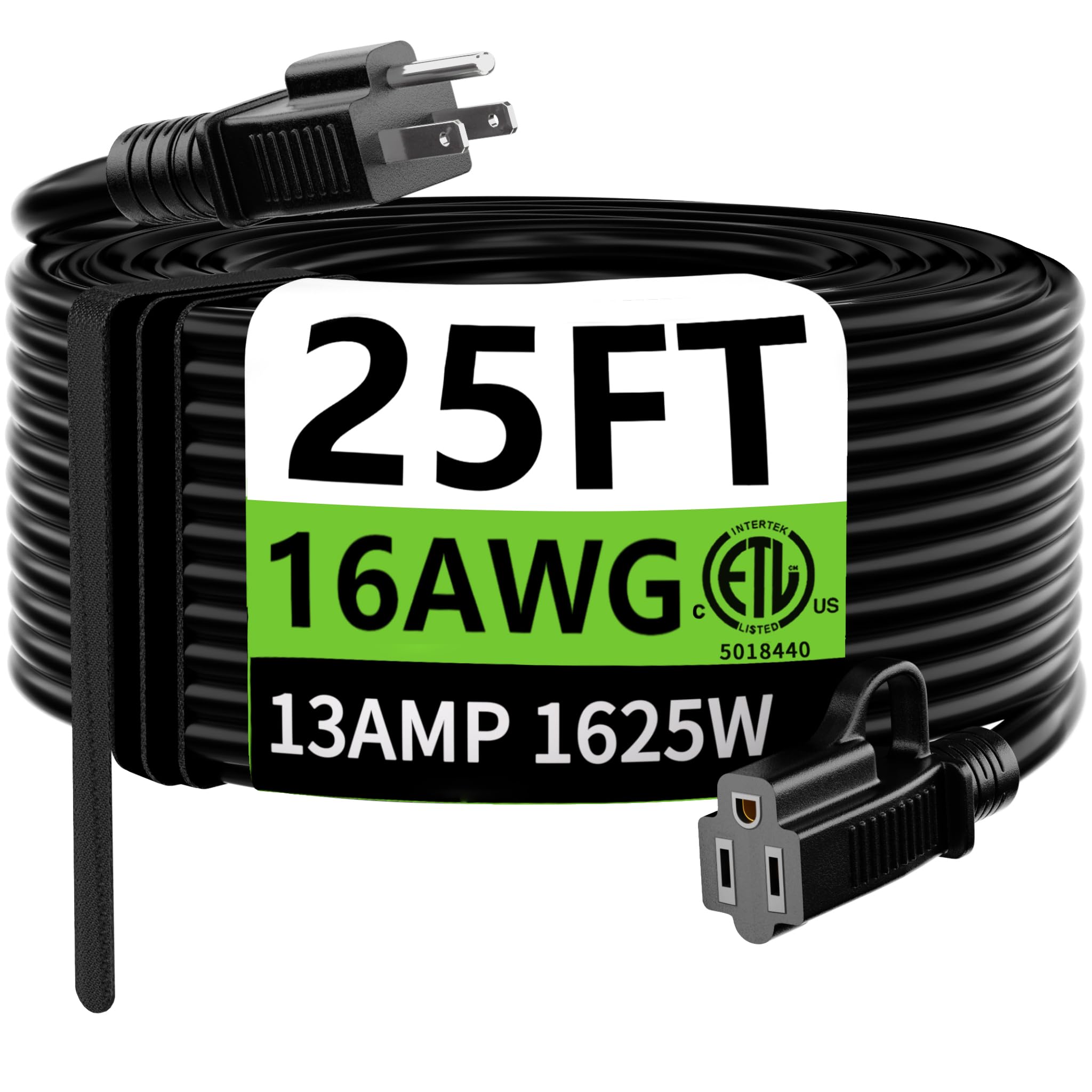 HUANCHAIN Indoor Outdoor Black Extension Cord 25 ft Waterproof, 16/3 Gauge Flexible Cold-Resistant Appliance Cable Outside, 13A 