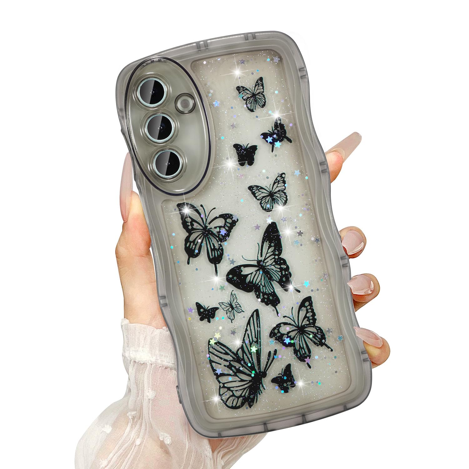 UEEBAI Wave Butterfly Case for Samsung Galaxy A25 5G Case, Pretty Bling Star Butterfly for Women Cute Shiny Glitter Phone Cover 