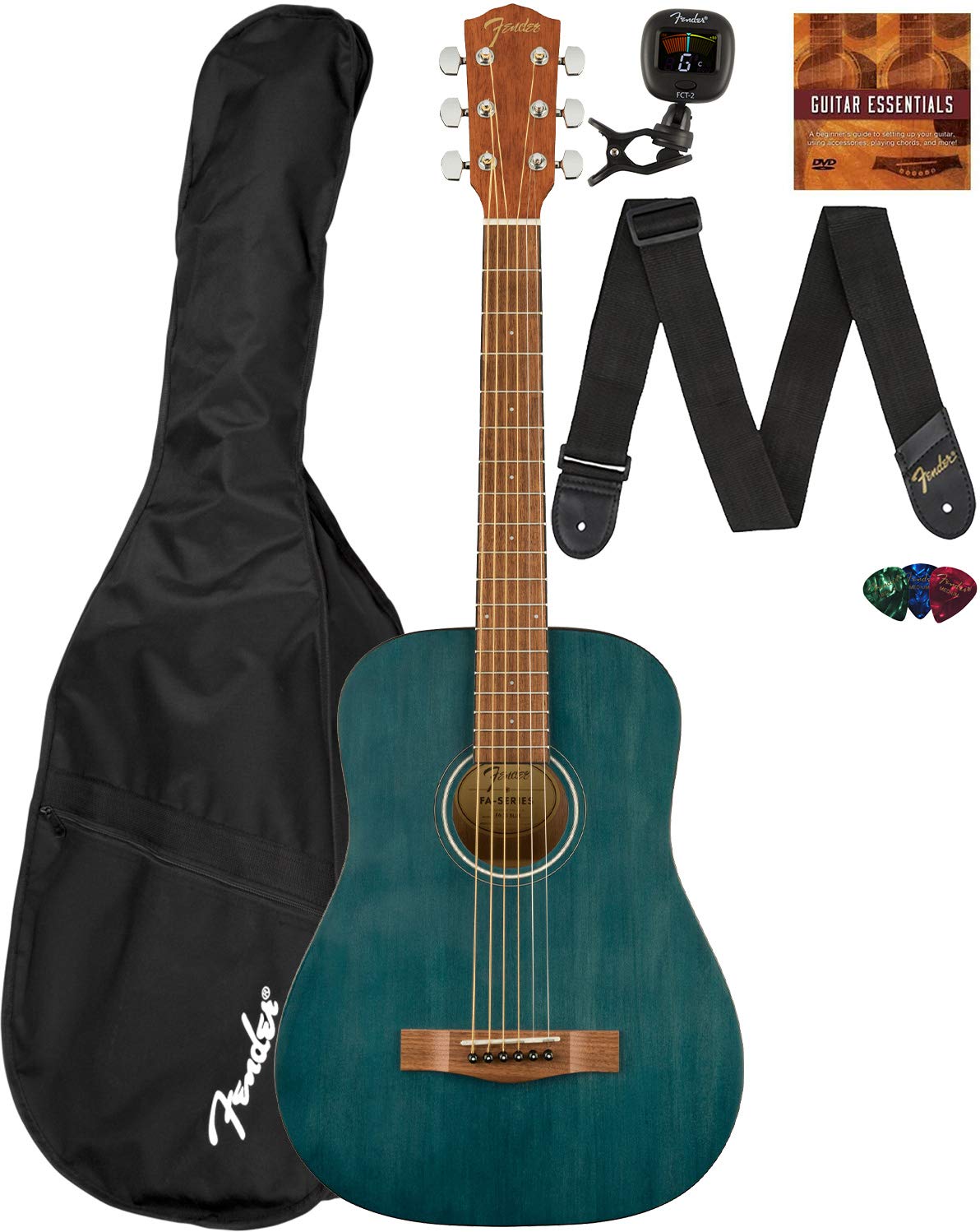 Fender FA-15 34-Scale Kids Steel String Acoustic guitar - Blue Learn-to-Play Bundle with gig Bag, Tuner, Strap, Picks, Fender Pl
