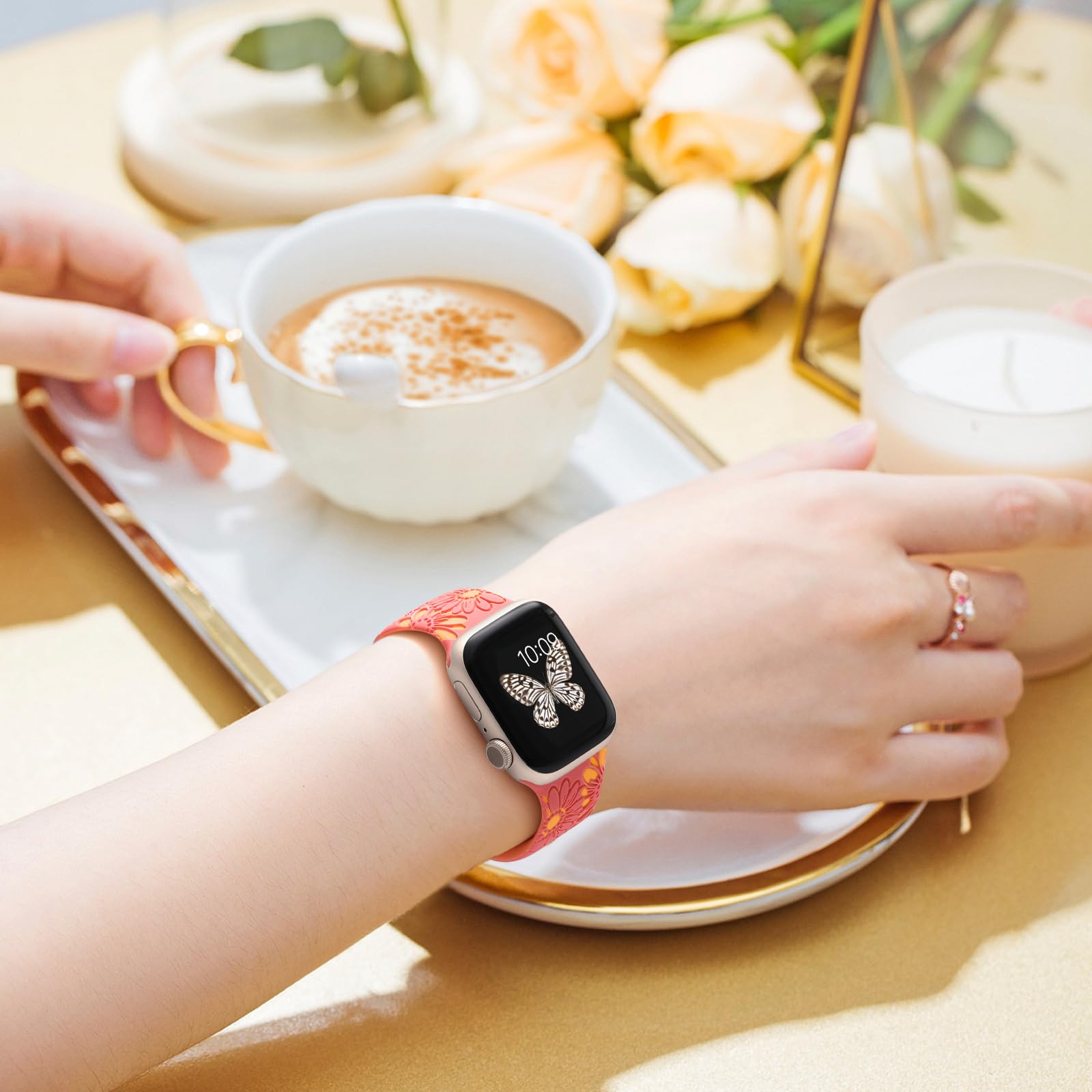 Daqin Floral Engraved Band Compatible With Apple Watch Band For Women Series 10 9 8 7 6 5 4 3 2 1,Soft Silicone Cute Flower Band