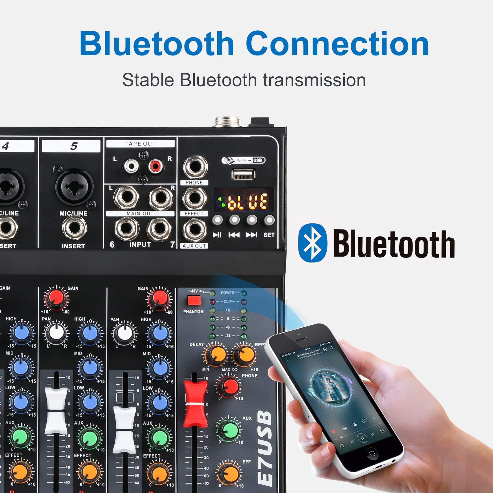 Dj Mixers 7 Channel Audio Mixer Sound Board With Bluetooth, Usb Audio Interface With 48V Phantom Power Sounds Mixer Board With F