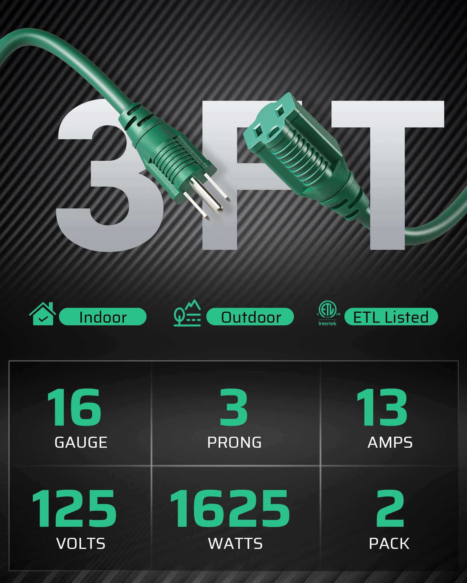 Dewenwils 2 Pack Extension Cord 3 Ft, Indoor Outdoor Extension Cord, 16/3 Awg Sjtw, Durable & Waterproof, 3 Prong Extension Cord