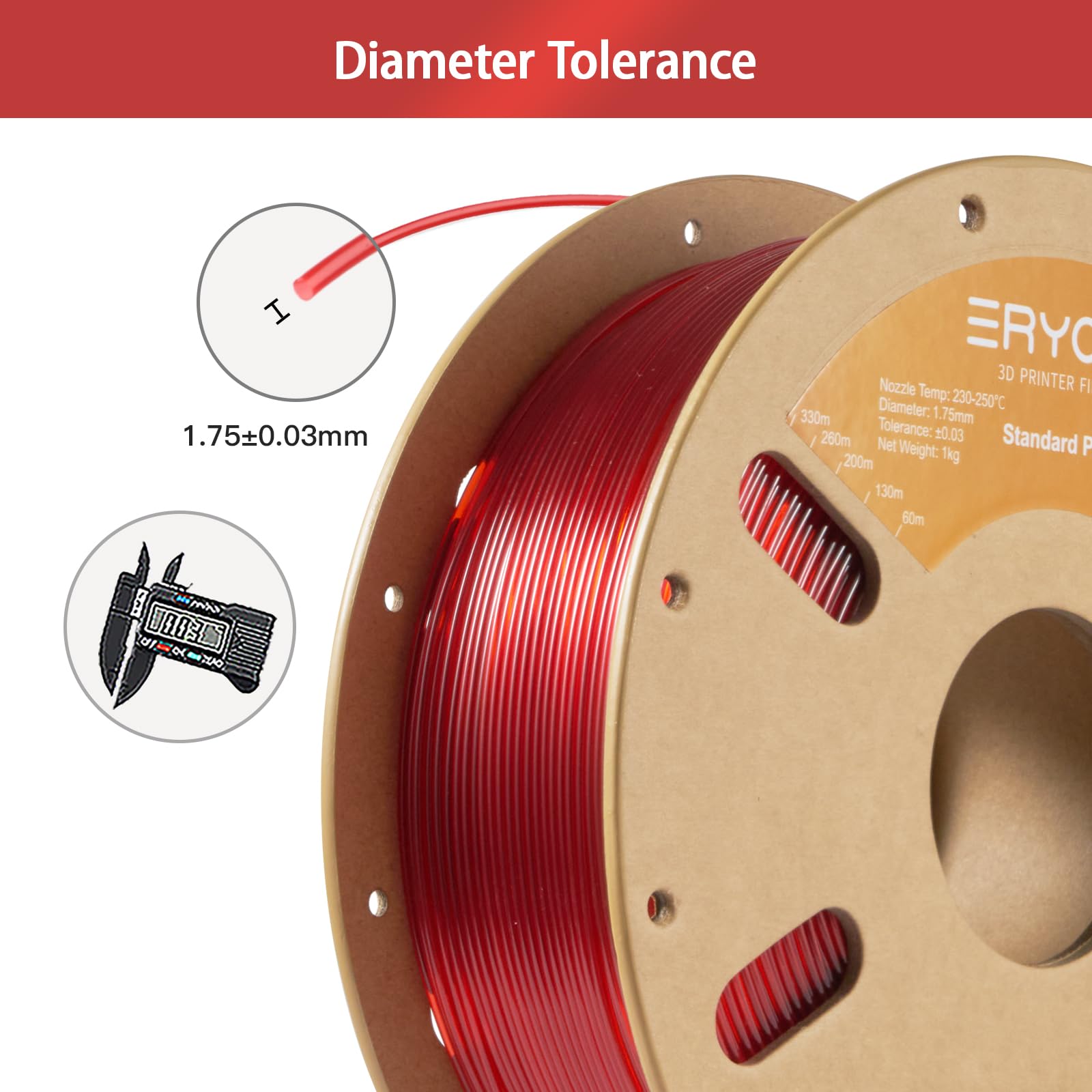 Eryone Petg Filament For 3D Printer, 1.75Mm +/ 0.03Mm, 1Kg(2.2Lbs)/Spool, Transparent Red