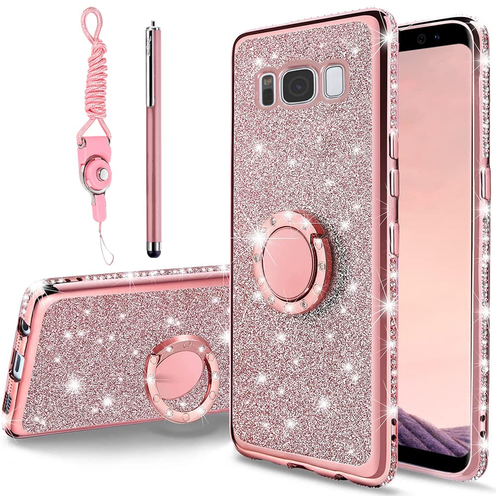 B Wishy For Samsung Galaxy S8 Plus Glitter Crystal Butterfly Heart Floral Slim Tpu Luxury Bling Cute Protective Cover With Kicks