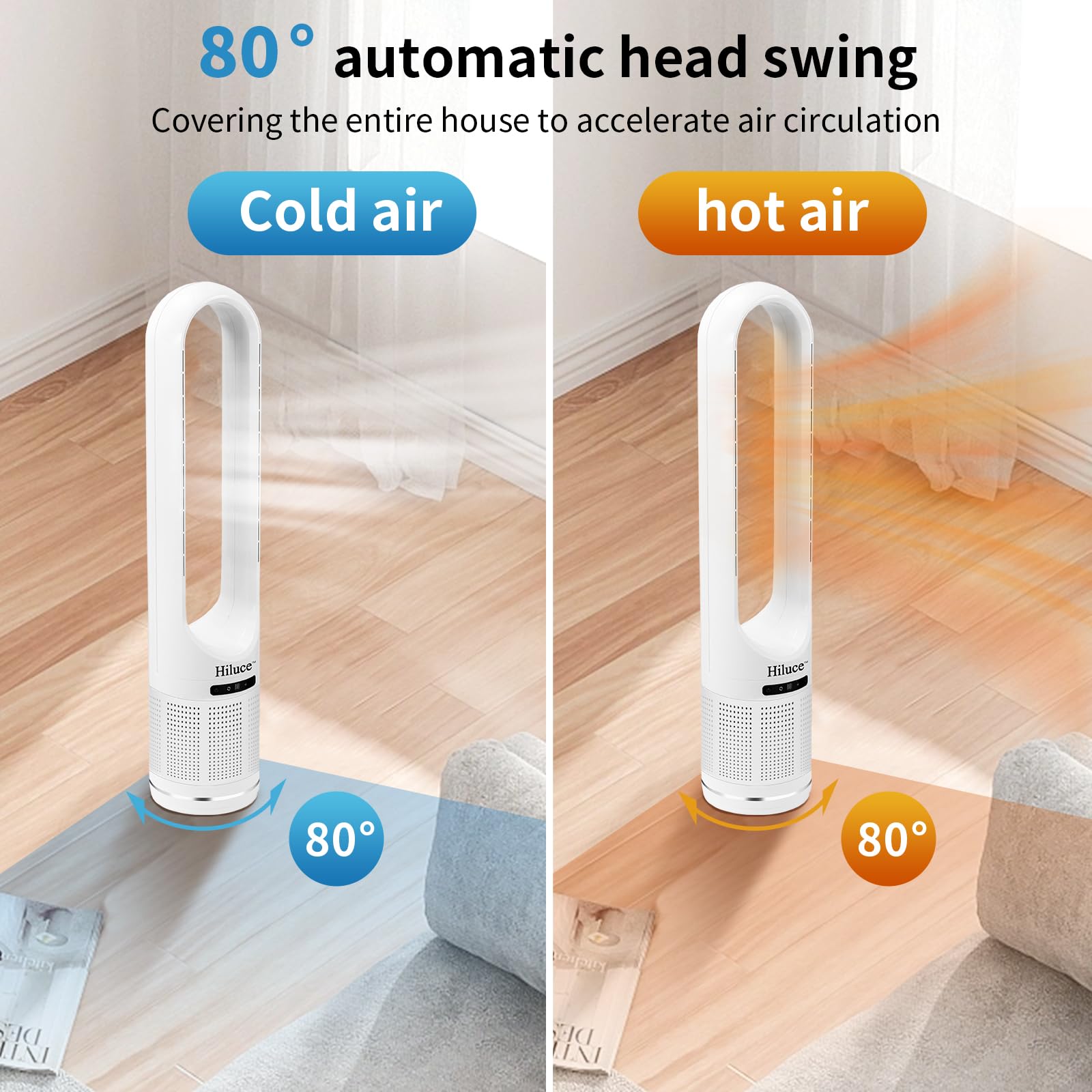 Hiluce Fan And Heater Combo,3 In 1 Bladeless Fan With Remote,Space Heater Fan,Hepa Filter,Tip Over Switch,26Ft/S Quiet Tower Fan
