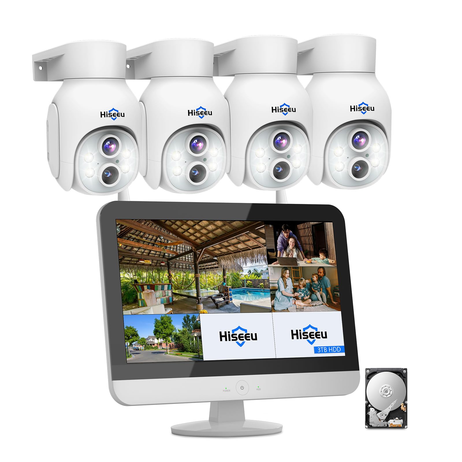 Hiseeu Wireless Security Camera System 2K Dual Lens [Wifi Pro& Plug In Power] No Subscription,10X Zoom Security System Outdoor Camera With 12'' Monitor Dvr,3Tb,4 Cam Kit With 350� Pan & Tilt,16Ch