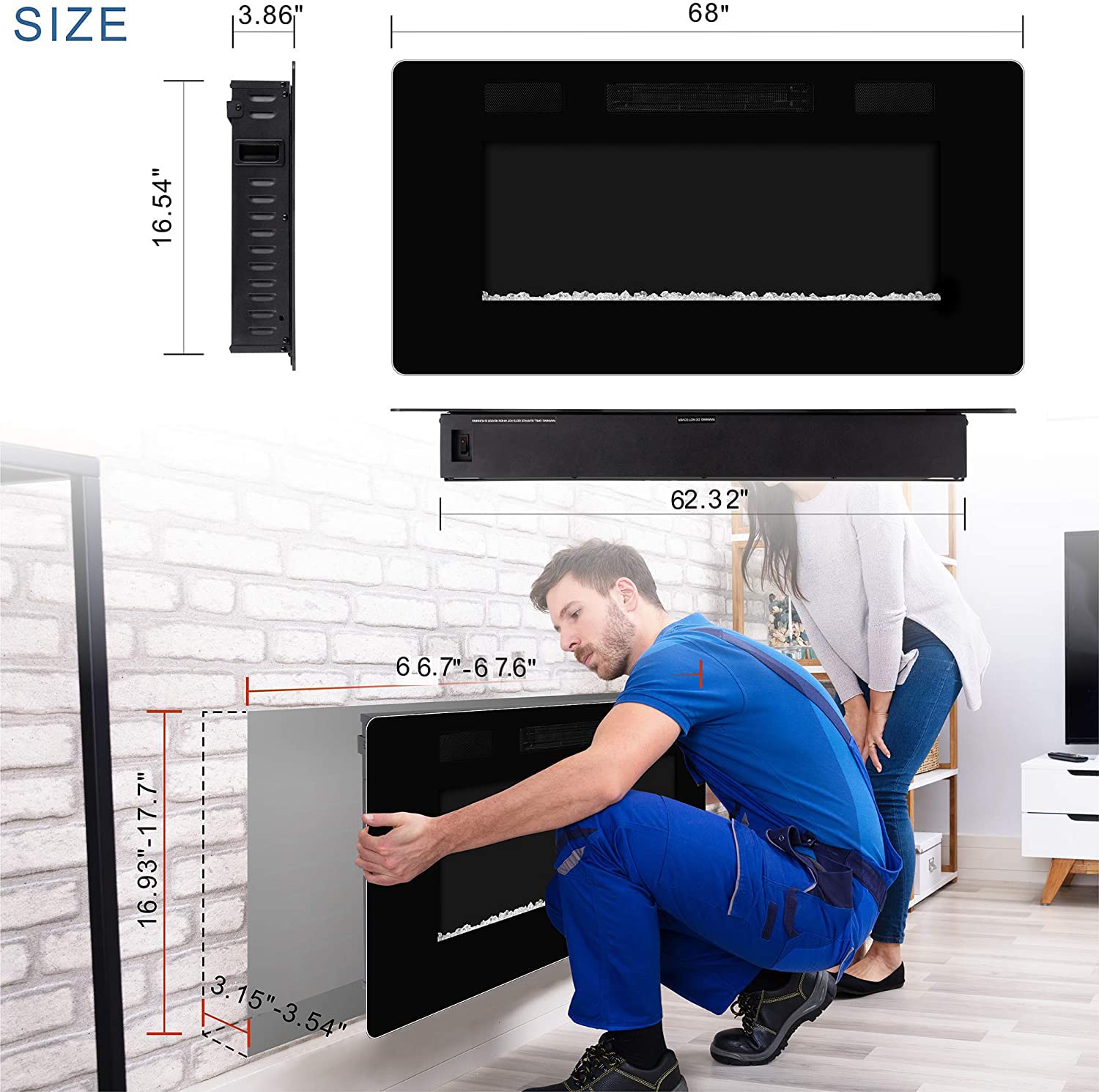 Xbeauty 68 Electric Fireplace In-Wall Recessed And Wall Mounted 1500W Fireplace Heater And Linear Fireplace With Timer/Multicolo