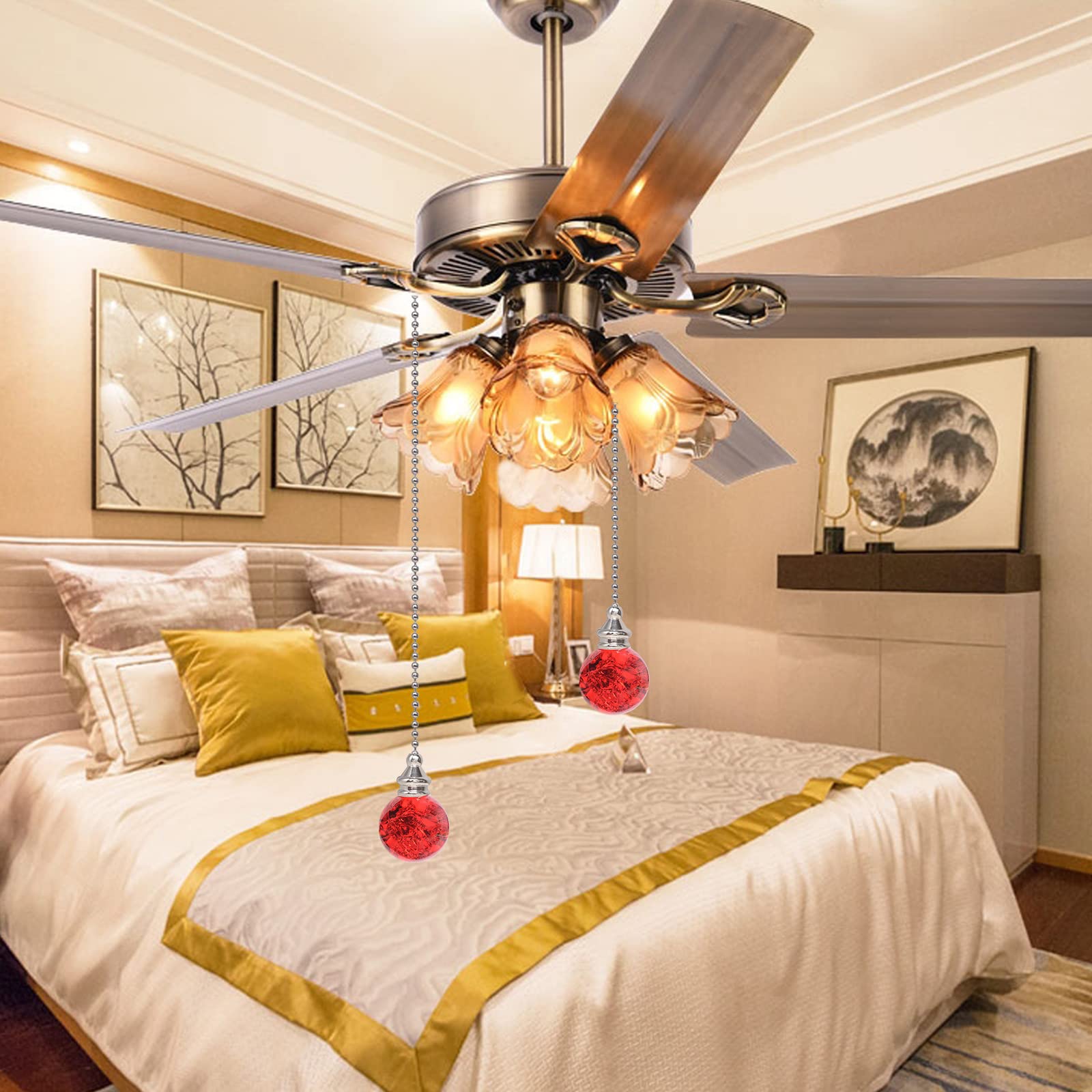 2Pcs Red Pull Chain Crystal Glass Ice Cracked Ball Pull Chain For Ceiling Fan Light Decoration 50Cm Extension Chain