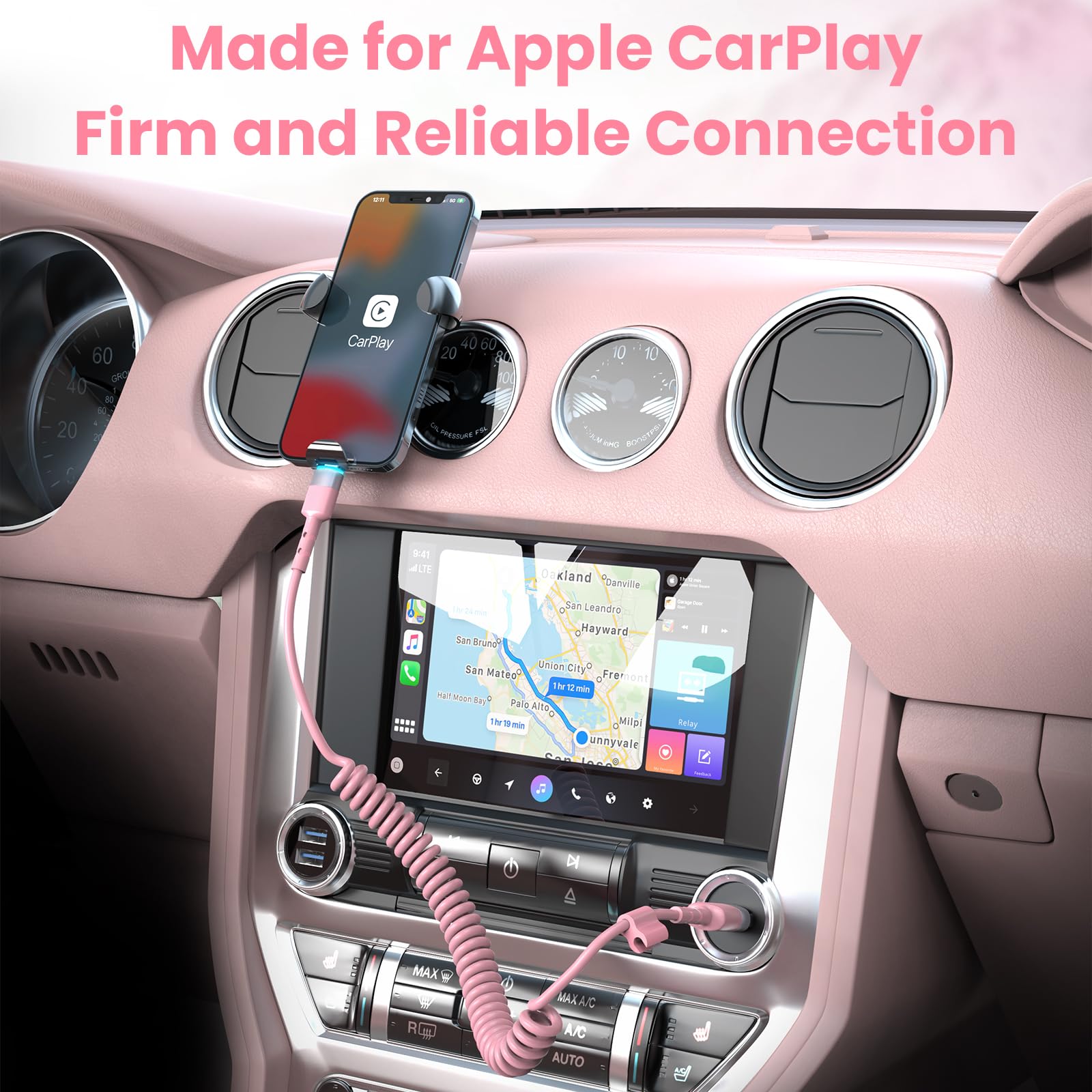 Coiled Pink Iphone Charger 3 Ft 2 Pack Apple Carplay Cable Car Accessories, [Mfi Certified] Short Usb To Lightning Cable, Cute I
