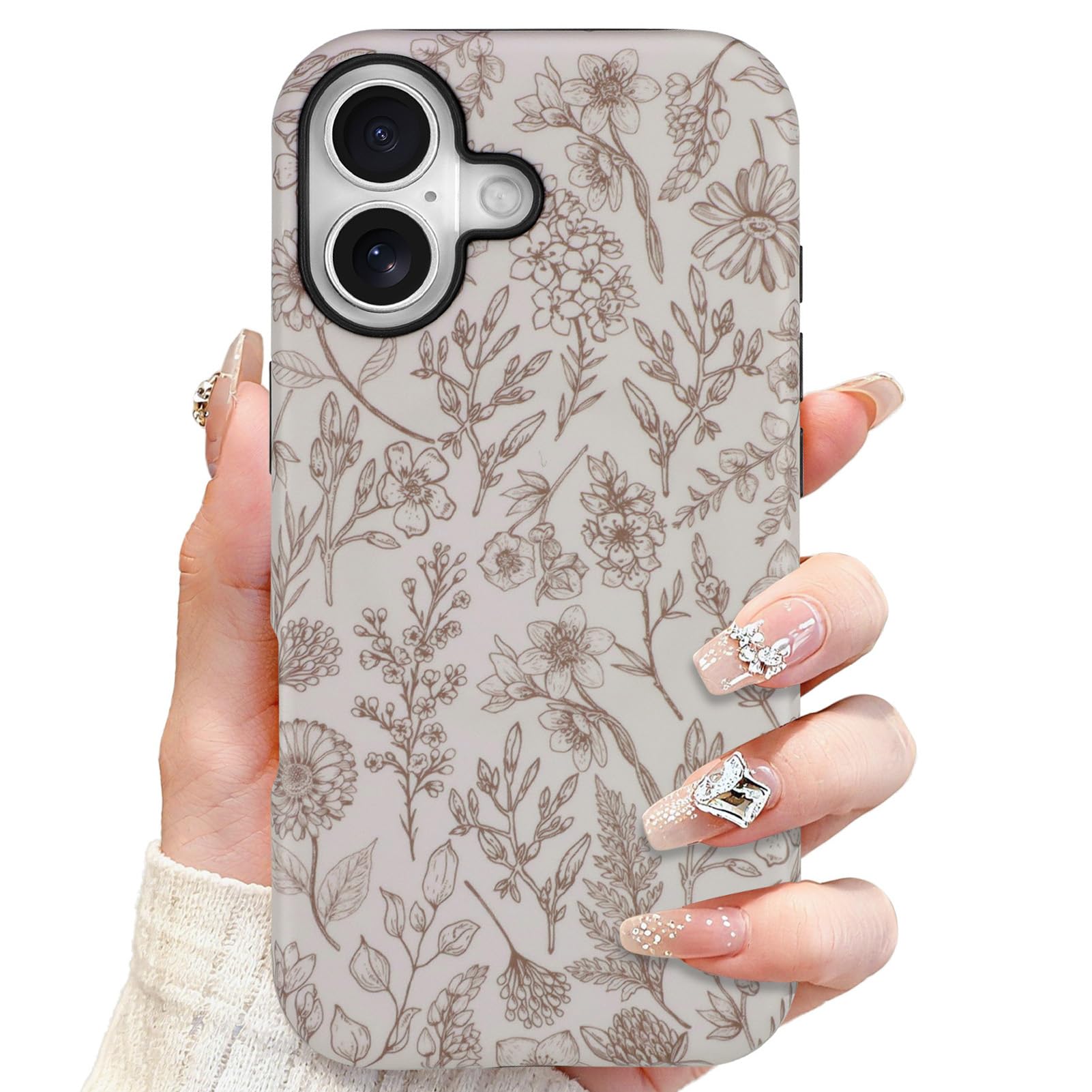 SOKAD Magnetic Sage Floral Phone Case for iPhone 16 Plus, Vintage Beige Flower Pattern Compatible with Magsafe Matte Protective 