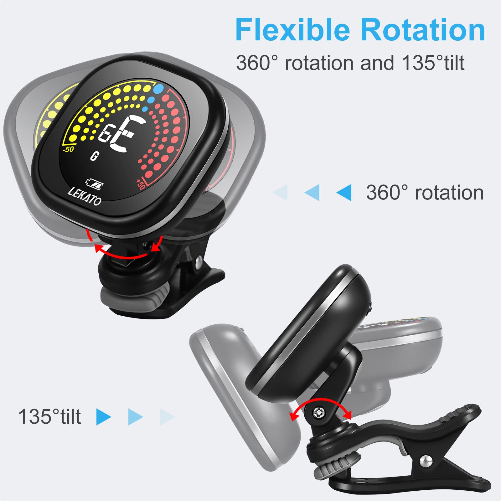 Guitar Tuner Rechargeable, Tuner Clip On For Guitar, Bass, Ukulele,Violin & Chromatic Tuning Modes, Fast Accuratie Tuning, Super