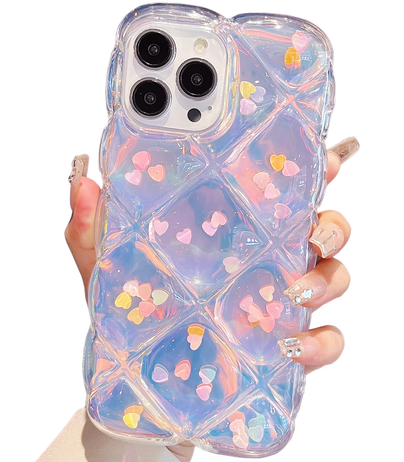 Qokey iPhone 14 Pro Max Phone Case Laser Bling Love Heart Glitter Clear TPU Shockproof Wave Frame with Card Slot 6.7 inch