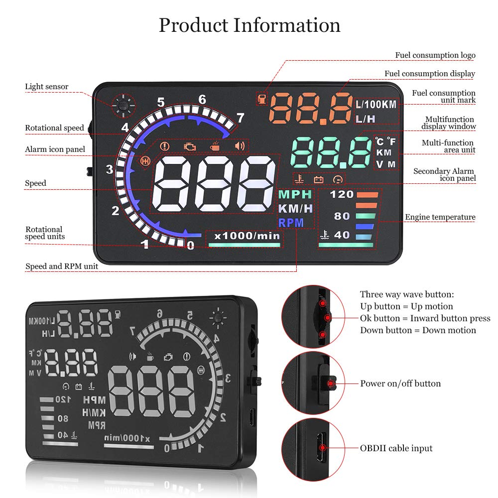 Arestech 5.5 Inches A8 Obd2 Windshield Hud Head Up Display With Display Rpm Mph Speeding Warning Fuel Consumption Temperature