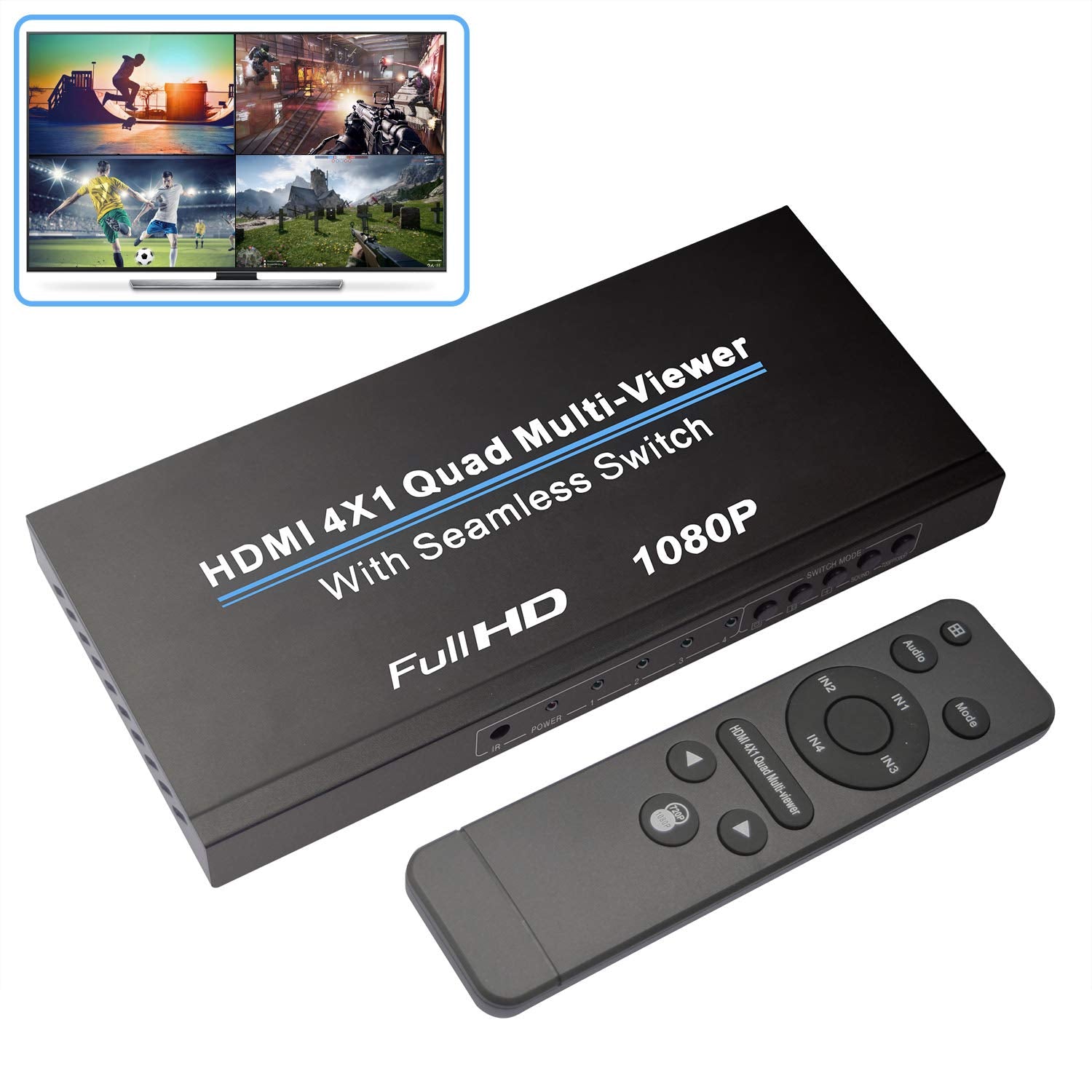 Hdmi Multi Switcher 4X1, Nierbo Hdmi Quad Multi Viewer 4 In 1 Out Hdmi Switcher 1080P Hdmi Seamless Ir Control 3D Support 5 Mode