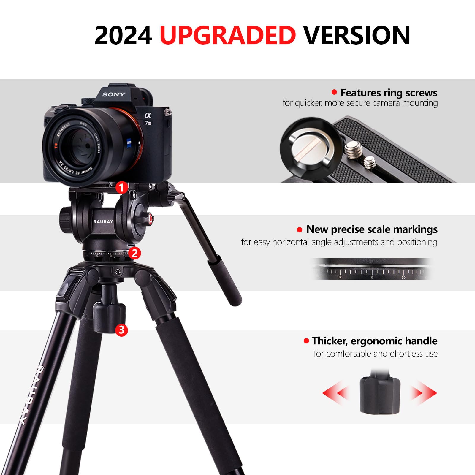 Raubay 70.8' Video Camera Tripod, Heavy Duty Tripods Stand With 360� Pan & 165� Tilt Fluid Head, 75Mm Bowl Base, Aluminum Single Tube Legs, Qr Plate, Max. Load 17.6Lb For Dslr Camera, Camcorder (Dv 3)