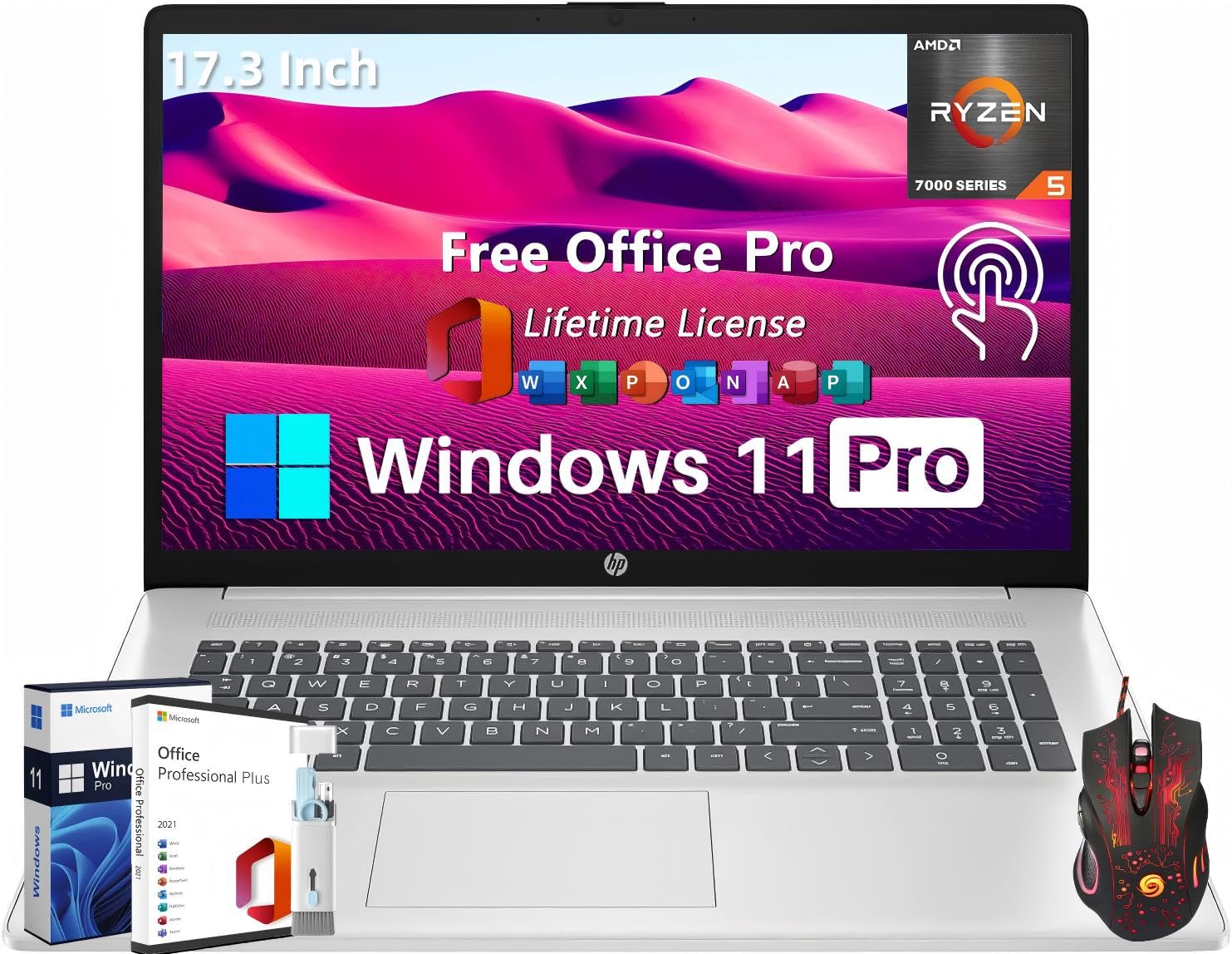 HP 17 Business Laptop Computer, 17.3 HD+ Touchscreen, AMD Ryzen 5 7530U, 32 GB RAM, 1 TB SSD, Wi-Fi 6, Bluetooth, HDMI, Brightvi