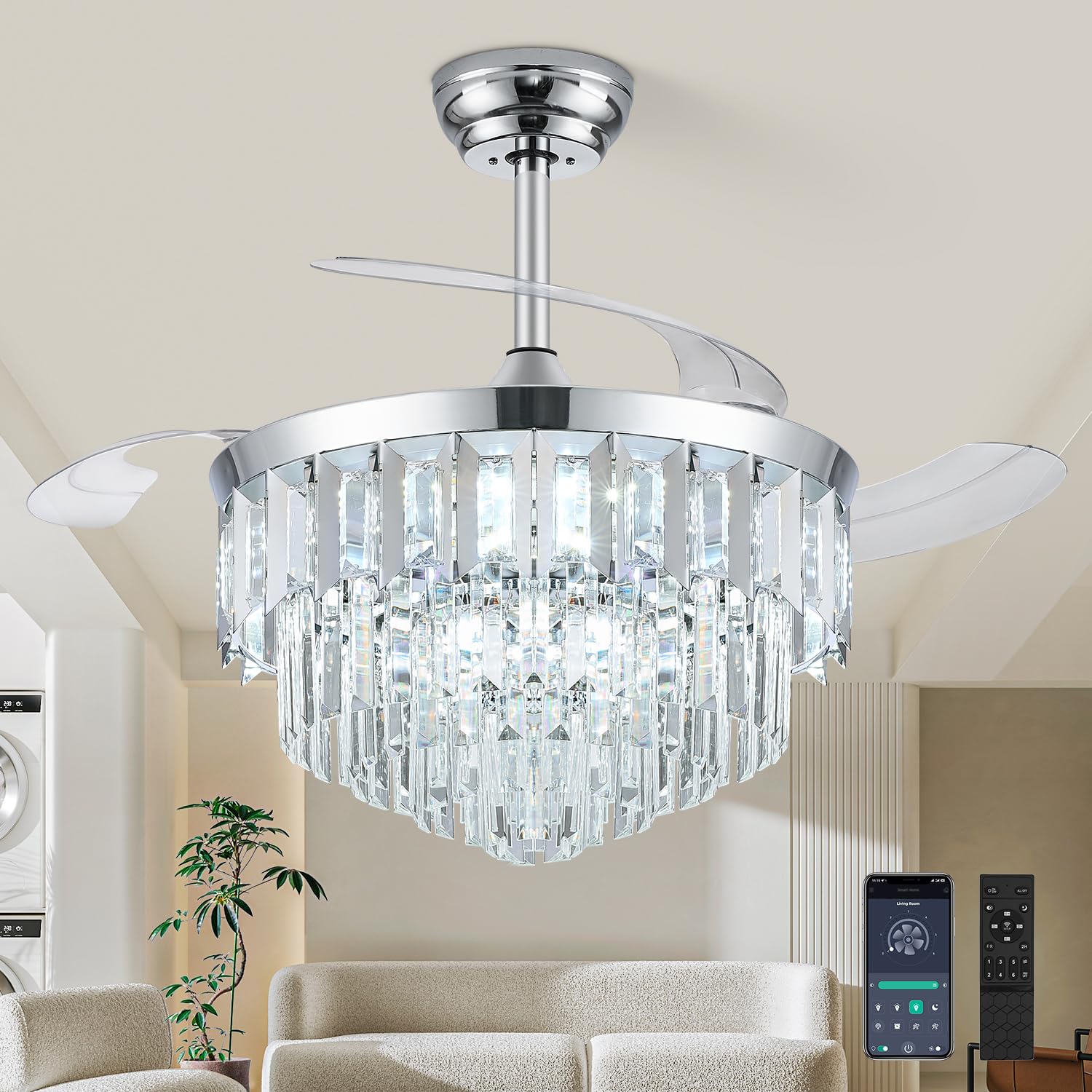 TXCSLY 48 Fandelier Ceiling Fan with Light, Crystal Chandelier Fan with Retractable Blades Dimmable Crystal Ceiling Fan Chandeli