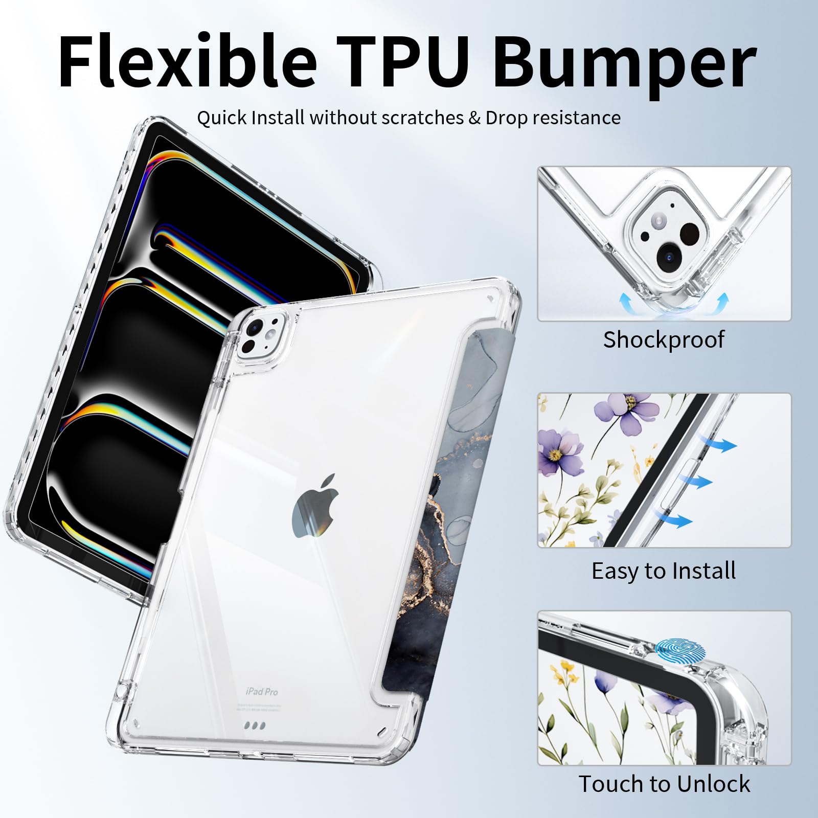 Piznernico Hybrid Slim Case For Ipad Pro 13 Inch M4 2024 Models With Pencil Holder, Trifold Stand, Shockproof Transparent Clear