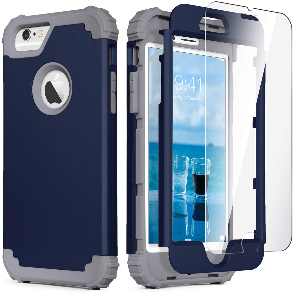 Idweel Iphone 6S Case, Iphone 6 Case With Tempered Glass Screen Protector, 3 In 1 Heavy Duty Shock Absorption Hard Pc Covers Sof