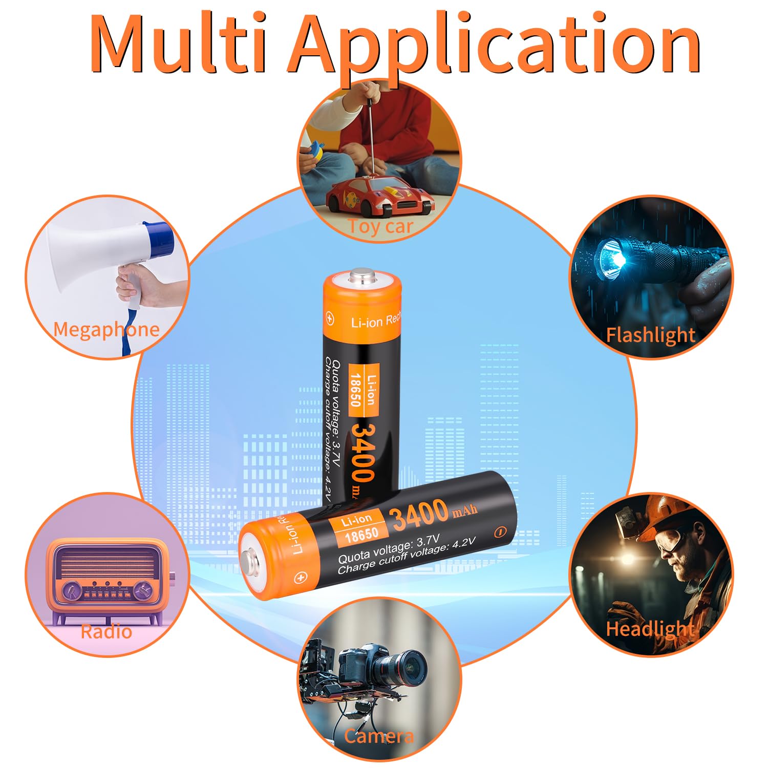 Ecosolutions 18650 Rechargeable Battery (Button Top) 3.7V 3400Mah Large Capacity Batteries For Led Flashlight, Headlamp, Doorbel