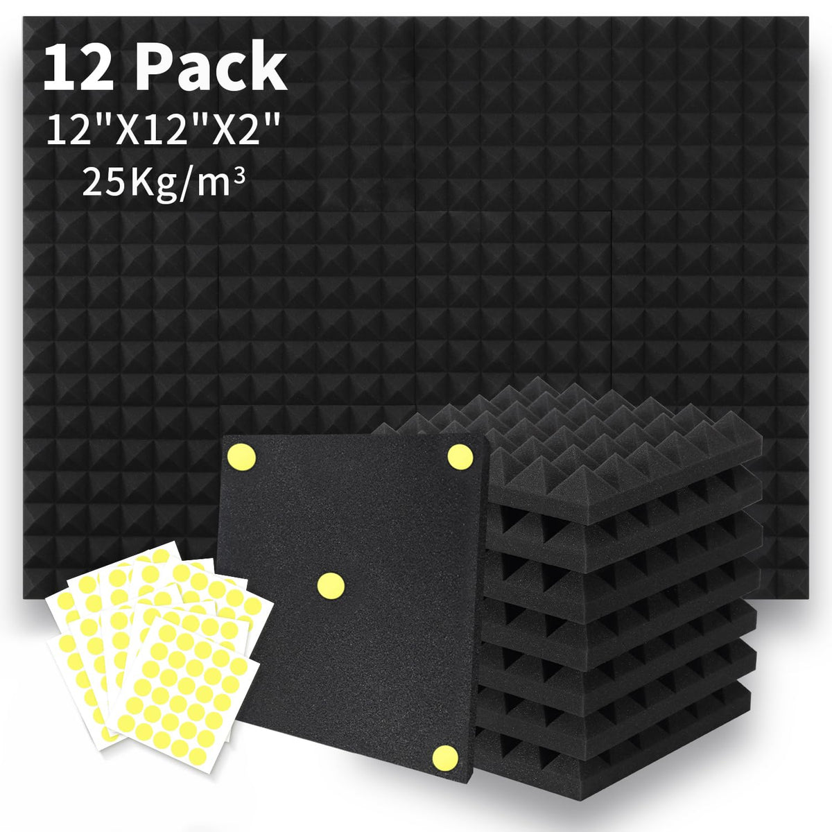 Focusound 12 Packs Acoustic Foam Panels Pyramid 2'' X 12'' X 12'', Soundproofing Foam Noise Cancelling Foam With 60 Pcs Double S
