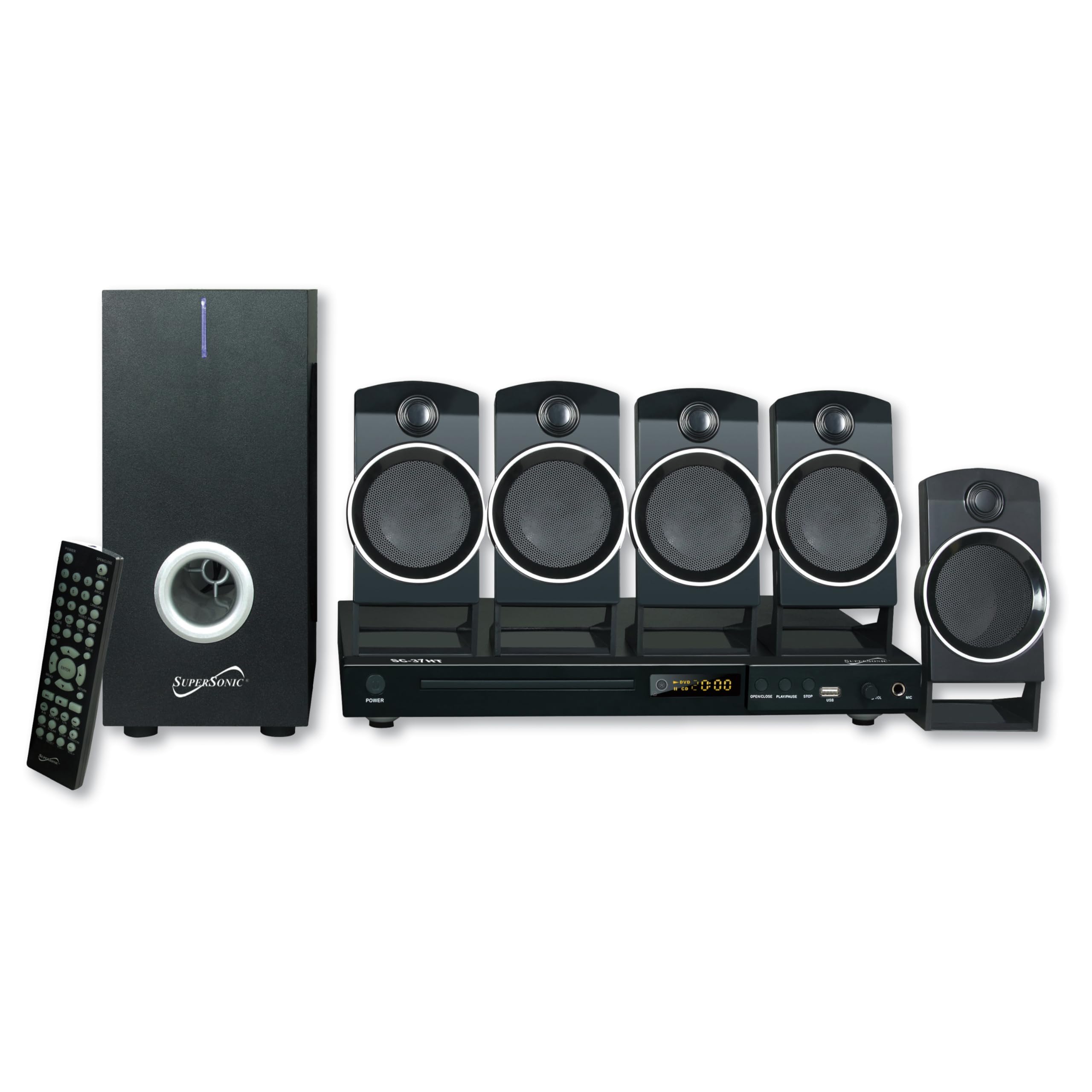 Supersonic SC-37HT 5.1 Surround Sound System, Home Theater with DVD/CD Playback, Karaoke, FM Radio, USB Input, 25W Speakers, Mul