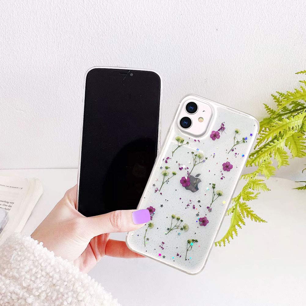 Abbery Designed For Iphone 11 Pressed Flower Case, Cute Bling Glitter Sparkle Clear With Design Soft Silicone Tpu Rubber Dried R