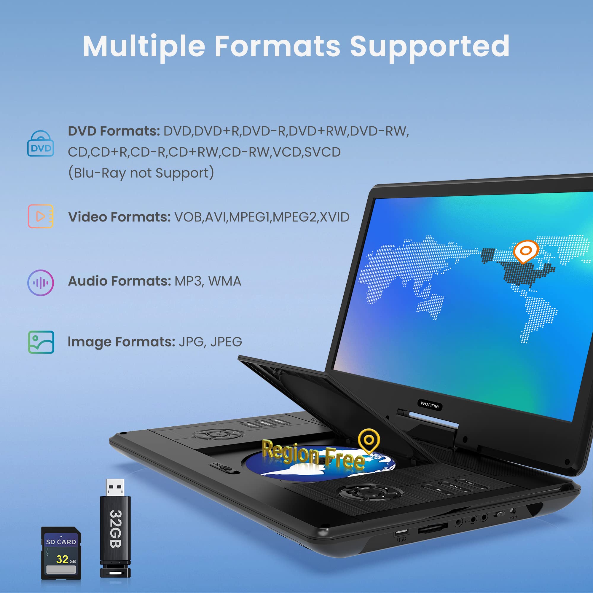 Wonnie 16.5' Portable Dvd Player With 14.1' Large Hd Swivel Screen, 6 Hours Rechargeable Battery, High Clear Volume Speaker, Support Usb/Sd Card/Sync Tv, Last Memory And Multiple Disc Formats