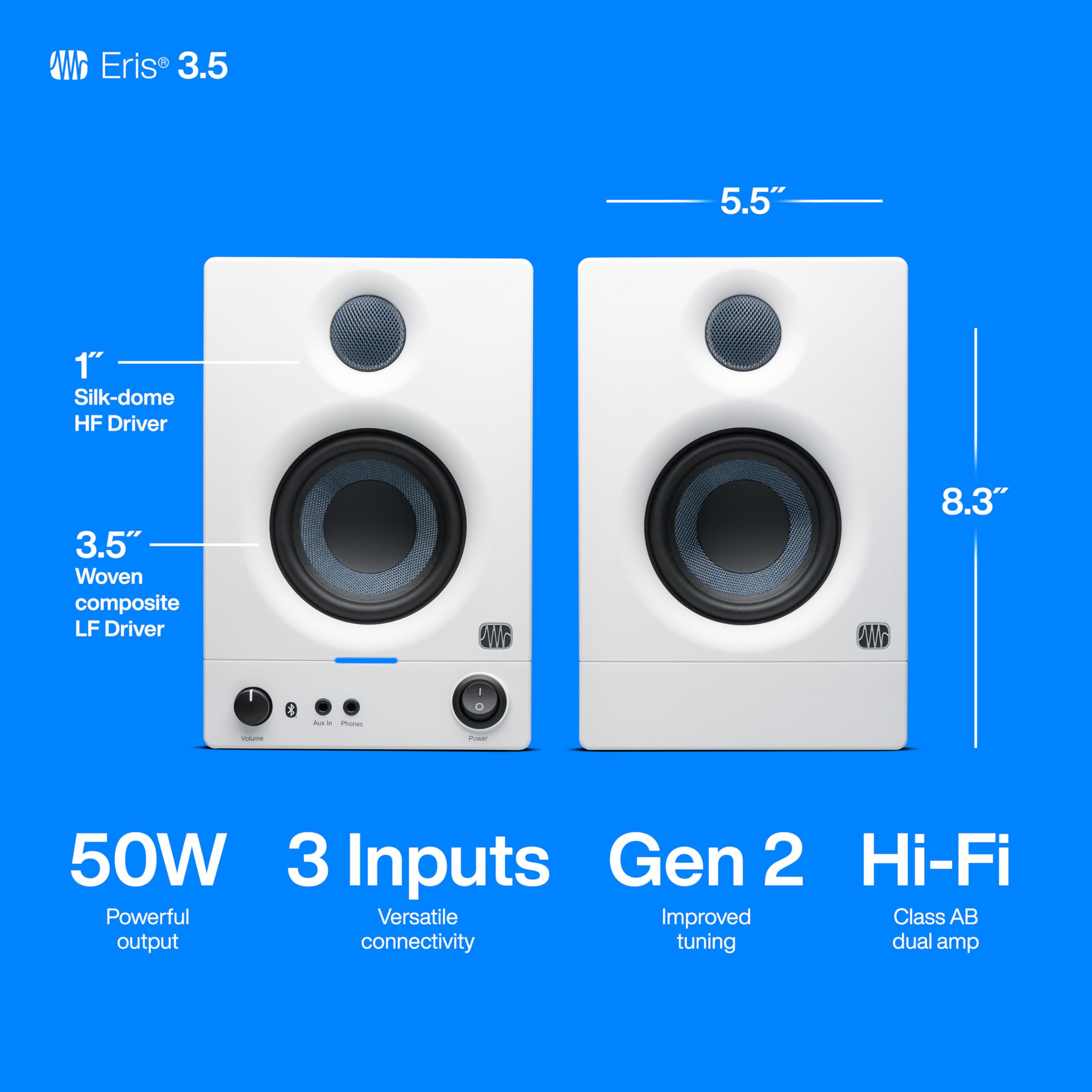 Presonus Eris 3.5Bt Bluetooth Studio Monitors (White), Pair   Powered, Active Monitor Speakers For Desktop, Turntable, Record Pl