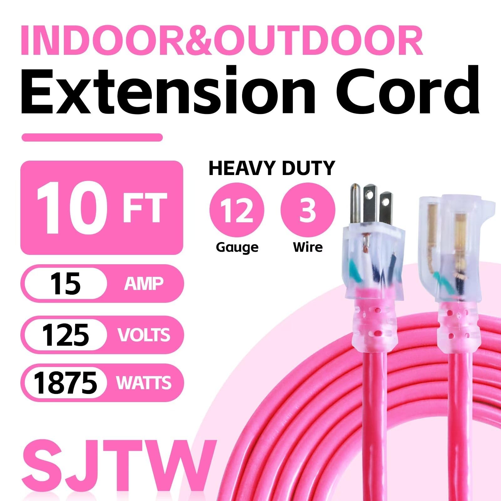 Ultra Explorer Indoor Outdoor Extension Cord Waterproof 10 Ft, 12 Gauge Heavy Duty Pink Extension Cord Sjtw, Flexible Cold Resis